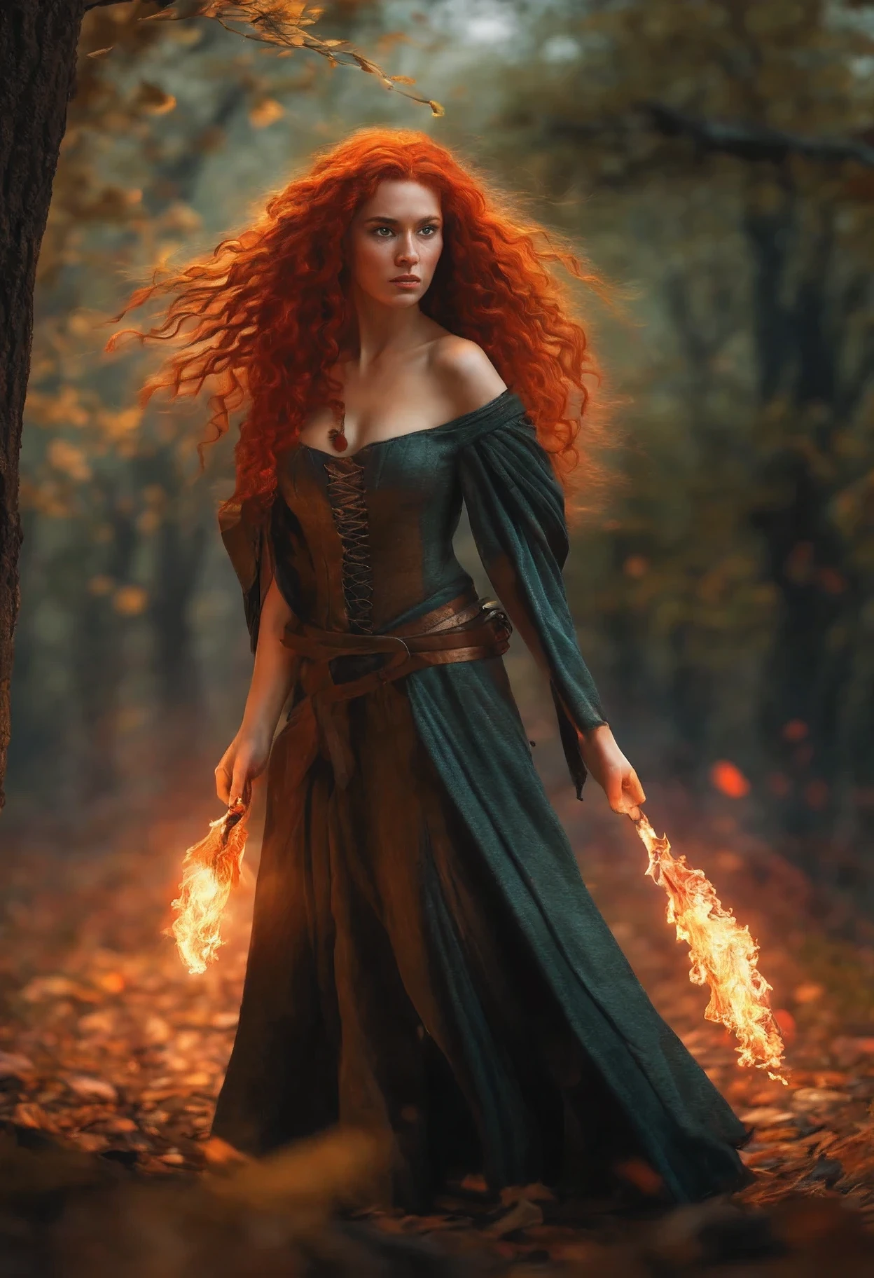 a young girl (16-17 years old) a sorceress, fiery red curly hair,freckles,sorceress's clothes (fantasy, acts of the 13th - 14th century),from the first palm releases a ball of fire forward towards the forest,mysticism,fantasy,witchcraft,8k render, HDR,photorealism,fierce gaze, attacks with fire, cleavage,tearing mantle,(clothes) ,scarlet cloak,