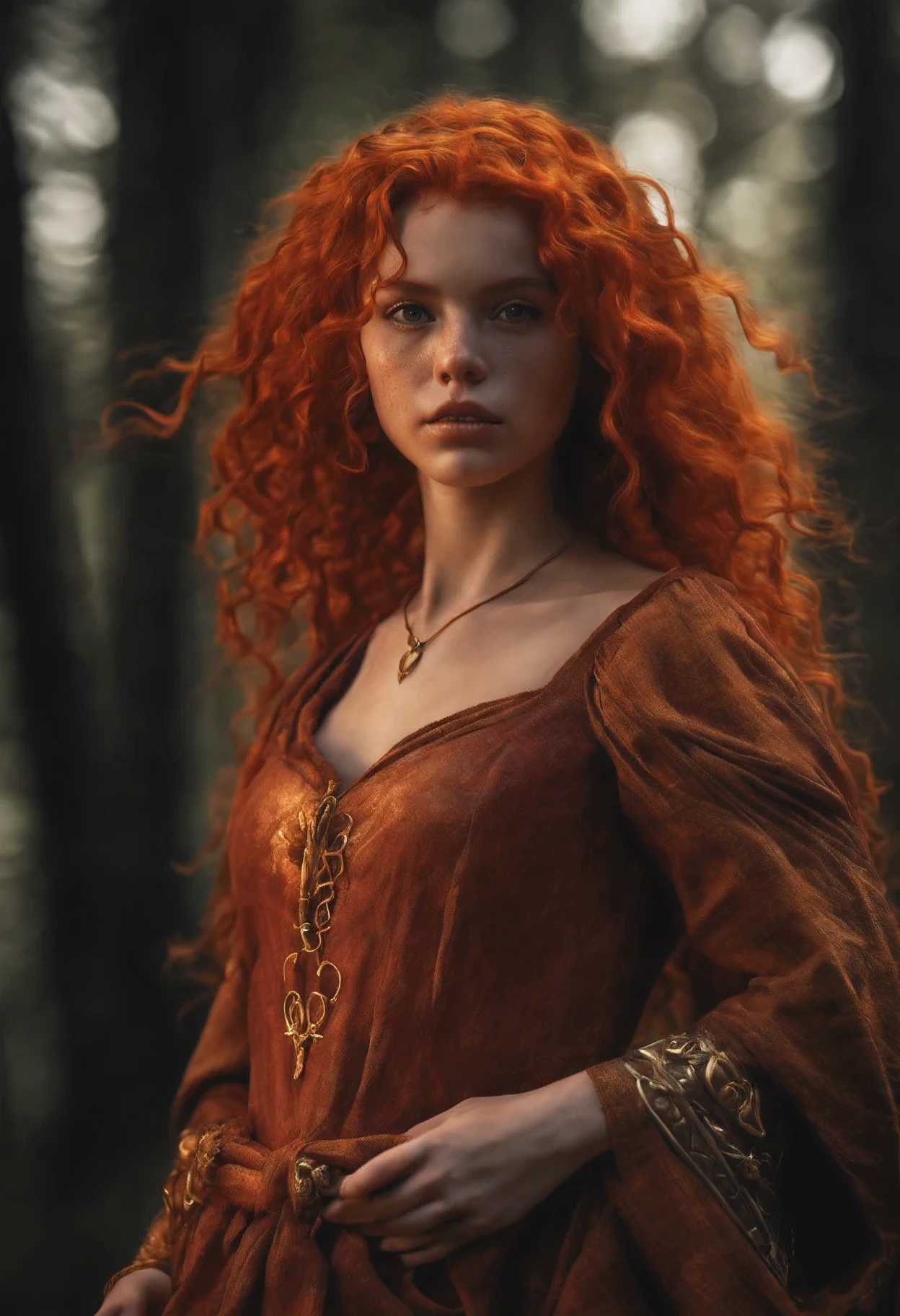 a young girl (16-17 years old) a sorceress, fiery red curly hair,freckles,sorceress's clothes (fantasy, acts of the 13th - 14th century),from the first palm releases a ball of fire forward towards the forest,mysticism,fantasy,witchcraft,8k render, HDR,photorealism,fierce gaze, attacks with fire, cleavage,tearing mantle,(clothes) ,scarlet cloak,