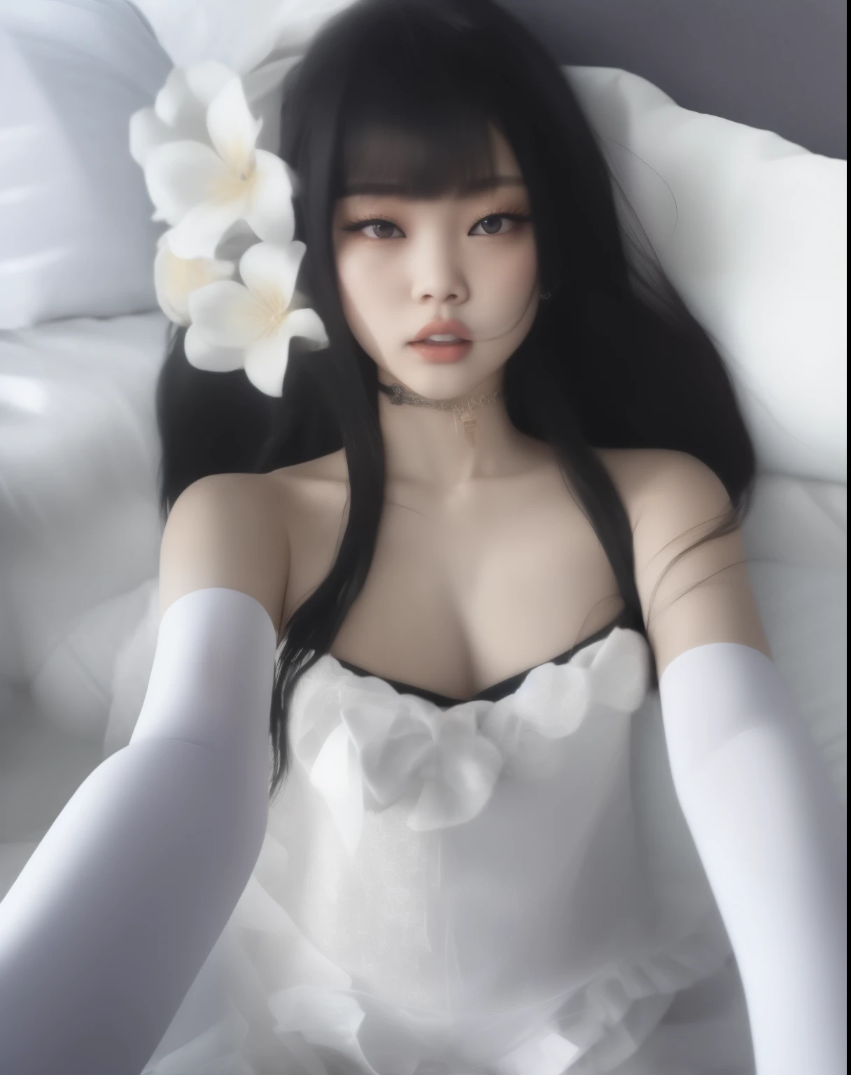 jennie kim em um vestido branco deitada em uma cama, jennie kim black pink face, jennie de anime na vida real, jennie Cosplay,  VESTIDO, pale, snow-white skin, jennie sedutora, jennie kim japonesa, jennie , linda jennie kim, pale porcelain white skin, deusa jennie, pale gothic beauty, jennie kim atraente, jennie waifu, jennie gato branco