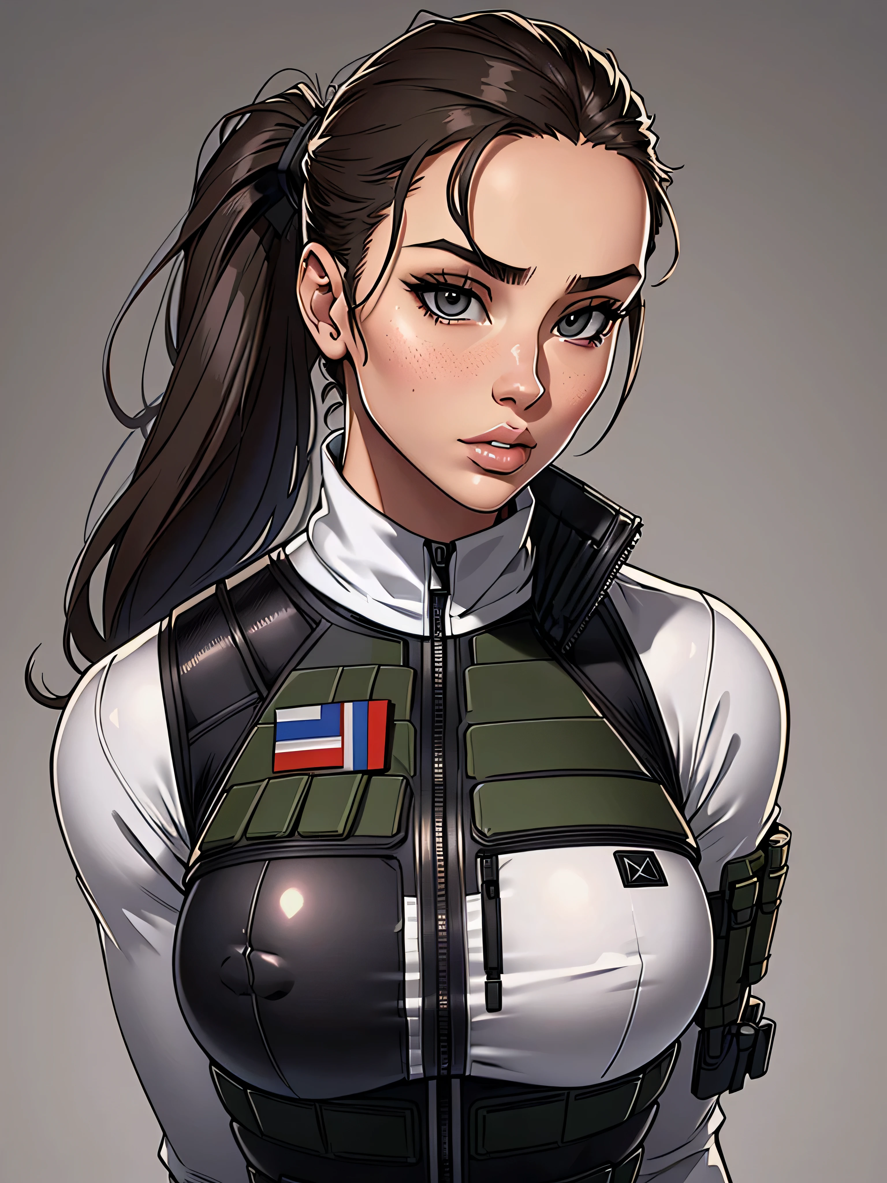 Pretty, Sexy, Woman, Military bulletproof vest, Gray, Brune, Long, Hair, Ponytail, Big ass, big lips, Cums, front view, torso, dark tones, white background