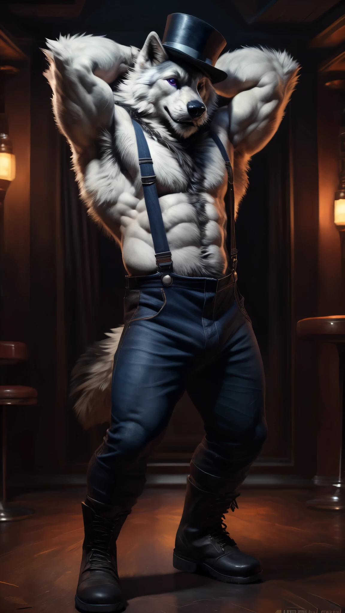 By taran fiddler, by pixelsketcher, by darkgem, by honovy, by foxovh, solo, male, muscular, canine, ((white wolf)), purple eyes, smirking, looking at viewer, detailed eyes, black jeans, (suspenders), standing, hairy, nude, hands behind head, strip club, (combat boots, top hat)