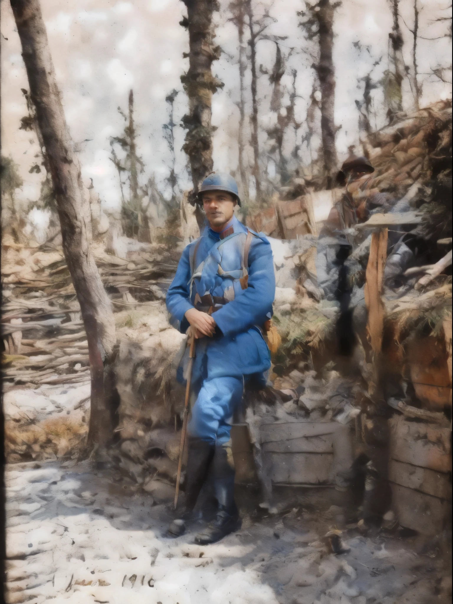 there is a man in uniform sitting on a bench in the woods, colourized, colourised, 1 8 0 0 s soldier, taken on a ww 1 camera, in trenches, ww1 trench, ww1 film photo, inspired by Eugène Burnand, ww1, ww 1, wearing russian ww 1 clothes, ww1 photo