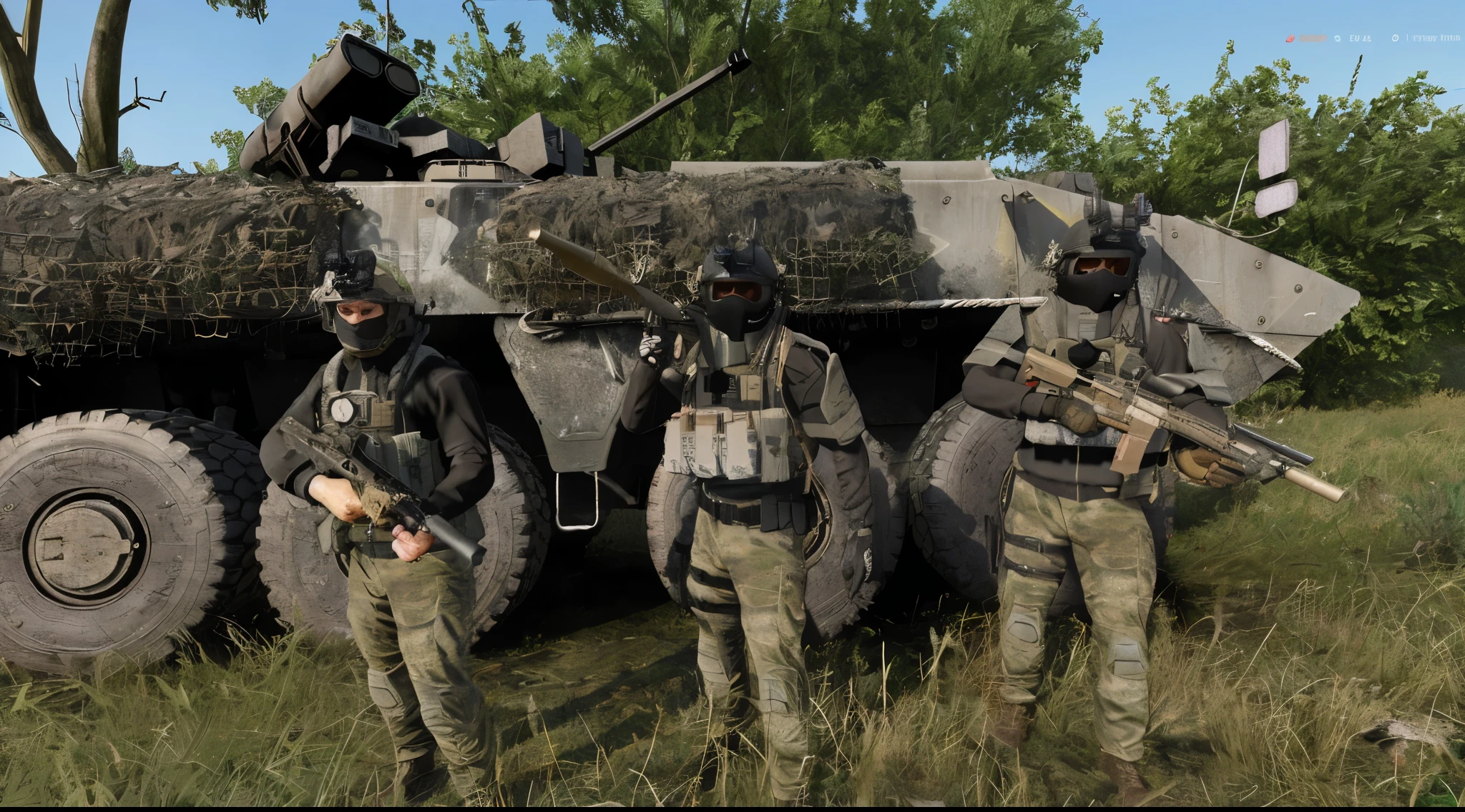 soldiers in camouflage standing in front of a military vehicle, squad fighting enemy, arma 3 screenshot, arma 3, realistic soldiers, tactical team in hell, armored units, several soldiers, realistic military gear, heavily armoured, french special ops, clothes in military armor, squad, realistic military equipment, camouflaged gear, in game, ssao, hq very detailed