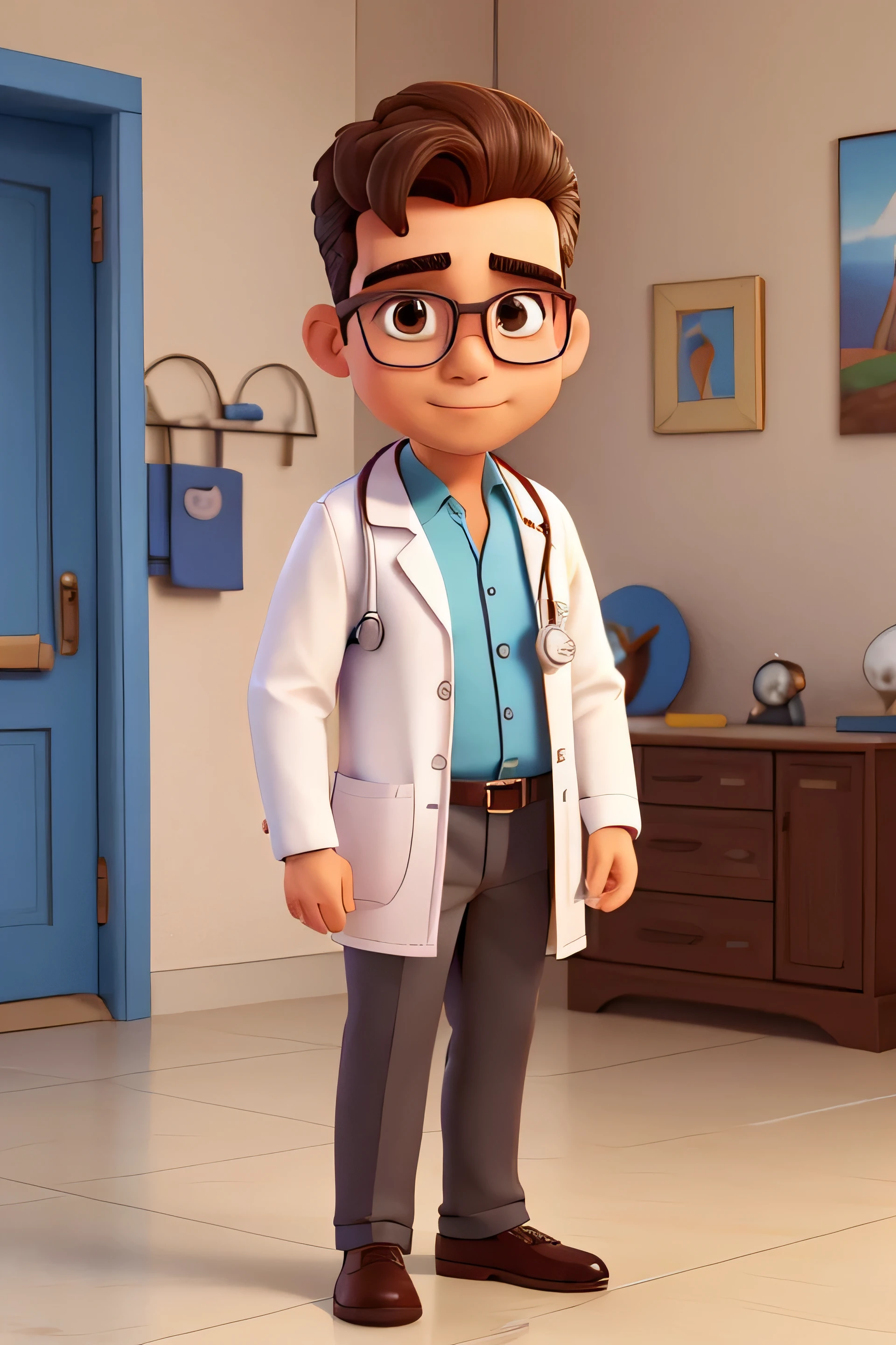 cute male doctor, 30 anos de idade, huge head, thick lips, nariz arrebitado, cabelos curtos, wearing thin-framed glasses of round gold, olhos altamente detalhados , vestindo um jaleco branco, wearing a stethoscope across the shoulders, full body view, figuras de brinqued