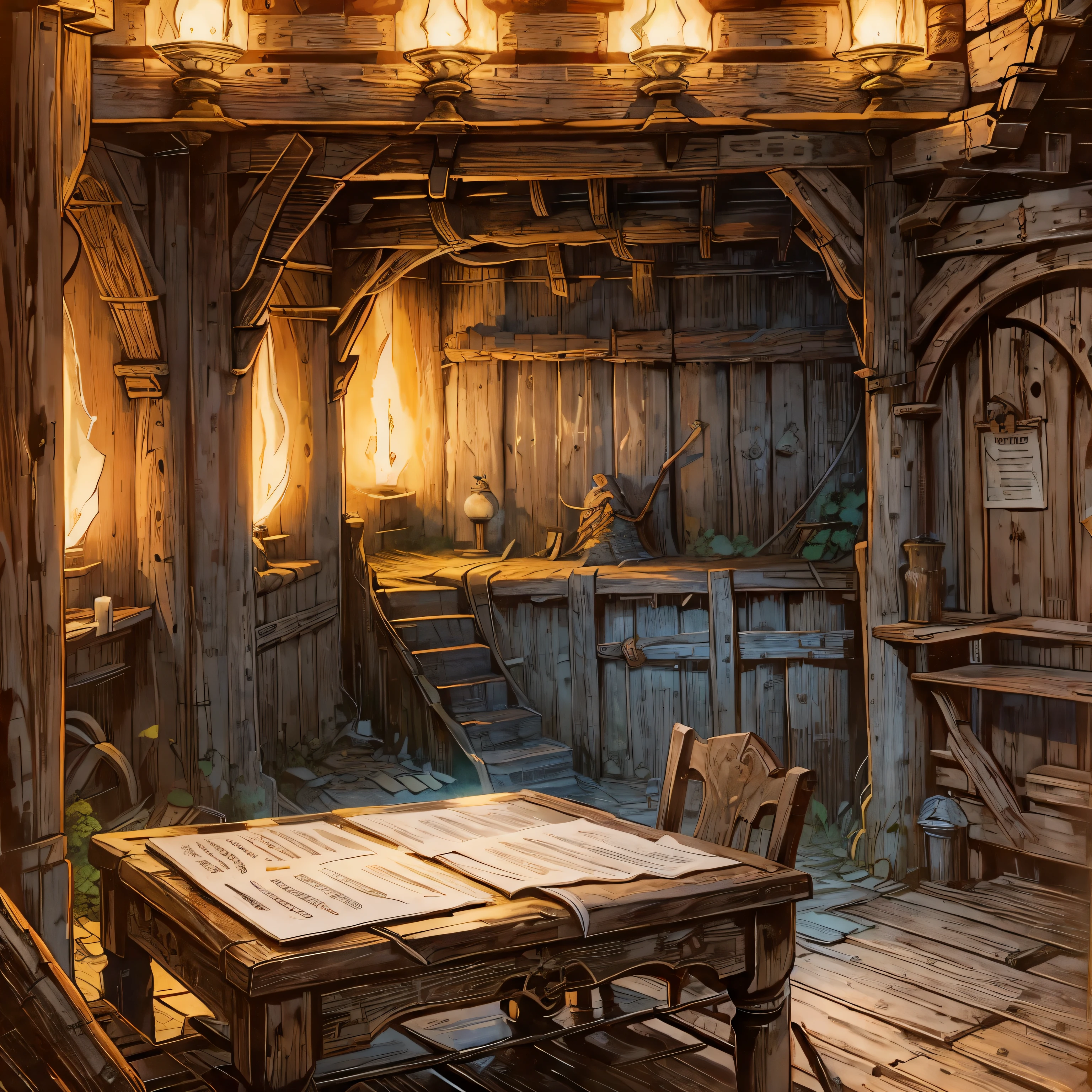 Inside of an Adventure Guild, Quest Board, wooden walls, cozy room