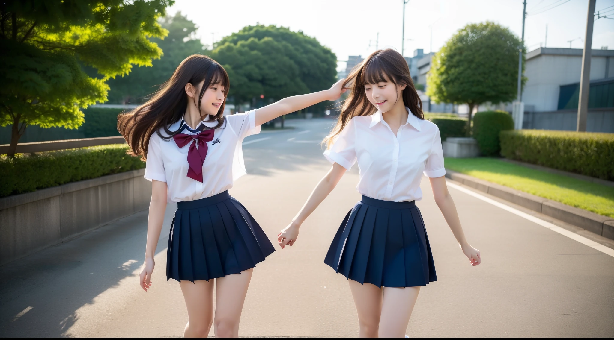 (Raw foto、masterpiece、top-quality、Hi-Res)、Cute Japan person、dance、be shy、Shyness、18year old、One Woman、attractive bodies、Colossal tits:1.4、Long wavy hair、High School School Uniform、thighs thighs thighs thighs、White socks、open-shirt、Tight shirt、Sheer shirt、Ribbon on the head、serafuku、Very short skirt、School bag、lowfers、pavement、A city scape、Fluttering skirt、Fluttering hair、Fluttering in the wind、panties on、embarrassed from、(perfect anatomia、Beautiful limbs、Healthy body,Beautiful skin)、early evening、sunset glow、Professional、