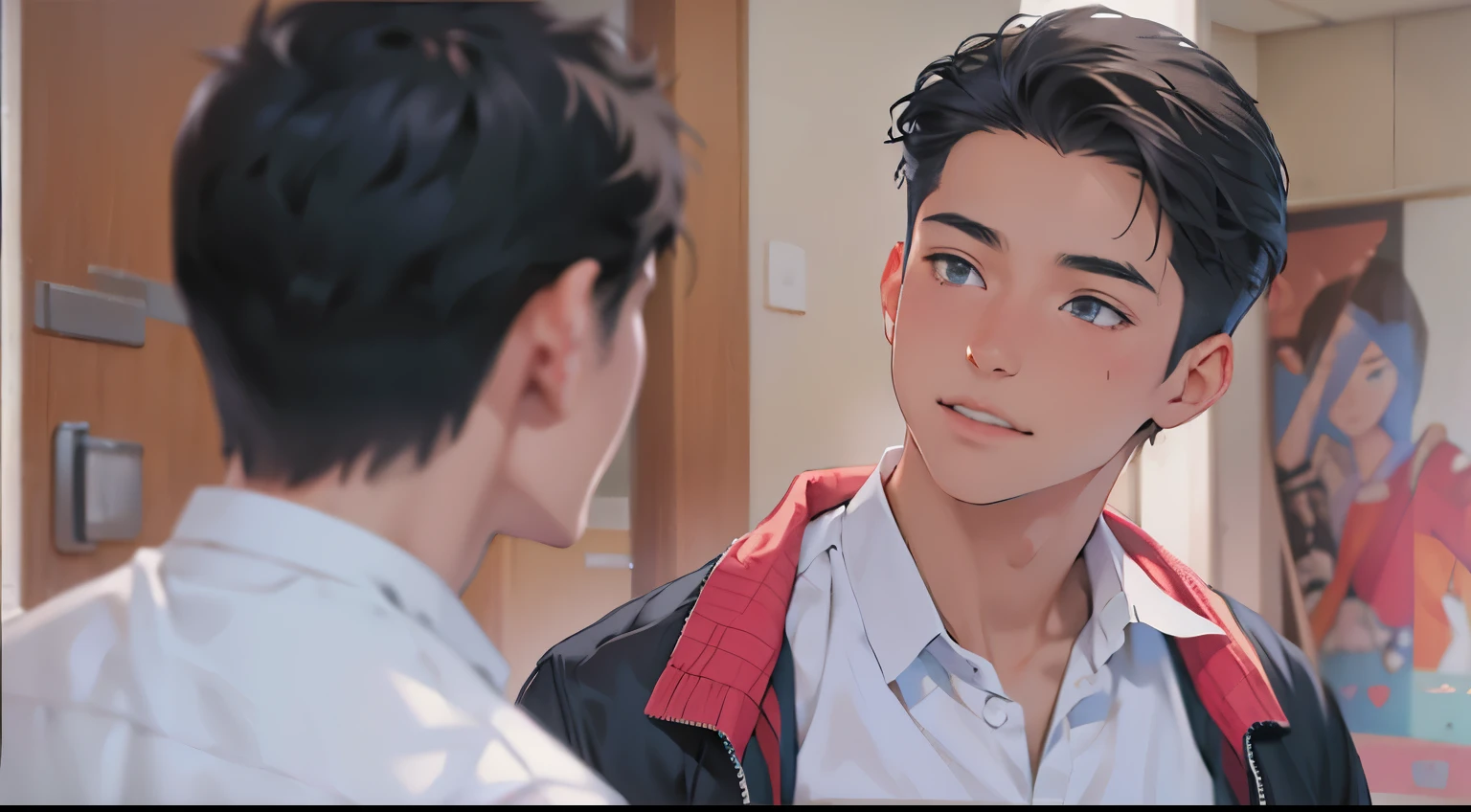 There are two boys at school, they are 15 years old, they look at him with affection.