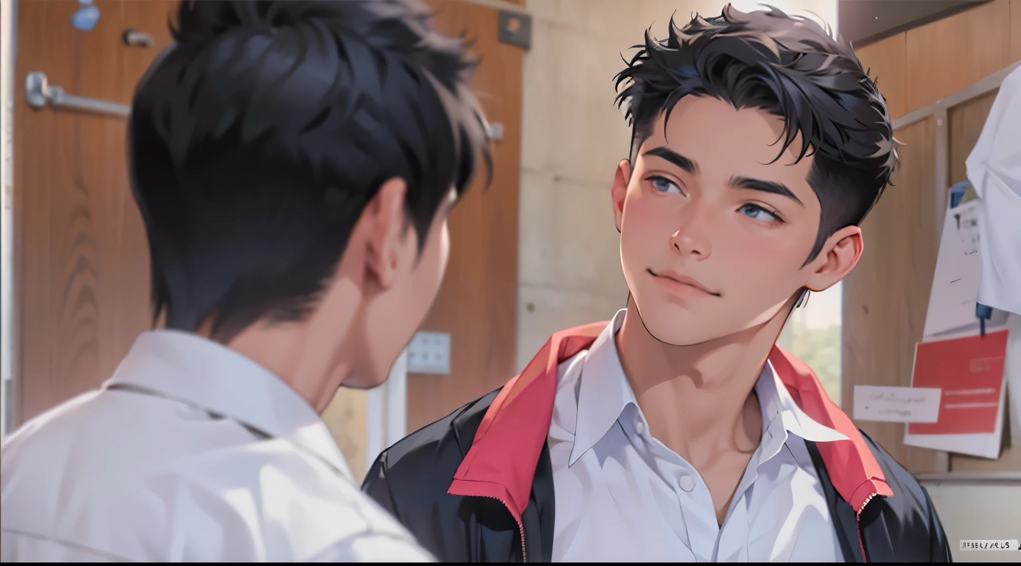 There are two boys at school, they are 15 years old, they look at him with affection.