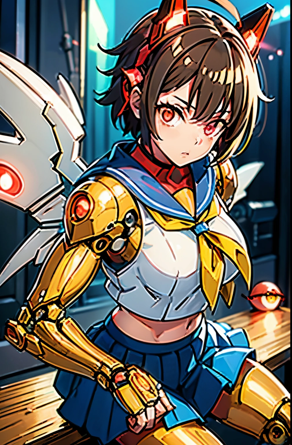 1girl solo,Standing depiction、(Large symmetrical mechanical wing:1.6)、((kasugano sakura:1.3))、(symmetrical mechanical headgear:1.6)、Beauty Cyborg, Cyborg - beautiful woman with brown short bob hair perfect anime cyborg woman, cute cyborg beauty, beautiful cyborg beauty, cyborg girl, (Perfect android beauty), (The perfect cyborg woman), (Cyborg - Girl), (beautiful female cyborg)、 beautiful white girl cyborg, beautiful female android, Beautiful and attractive female cyborg、walk、full body description、(Mechanical sailor suit:1.5)、(mechanical ruffle skirt:1.5)、((Combat readiness))、(glowing red mechanical eyes:1.9), brown hair, short hair, bangs, Ahoge,(head band), ((Gray uniform:1.4)), puffy sleeves, crop top, yellow neckerchief, ((gray skirt:1.4)), fingerless gloves, thighs thighs, white socks, red footwear,Expressionless、(table top, highest qualityの, highest quality, beautiful and aesthetic: 1.2), very detailed, more detailed,Proper body proportions,table top,Ultra high quality output image,High resolution,intricate details,very delicate and beautiful hair,realistic pictures,dream-like,professional lighting,realistic shadow,focus only,anime one、discovery stance, punching, discovery,raise one leg、Anime one、(combat stance:1.3)