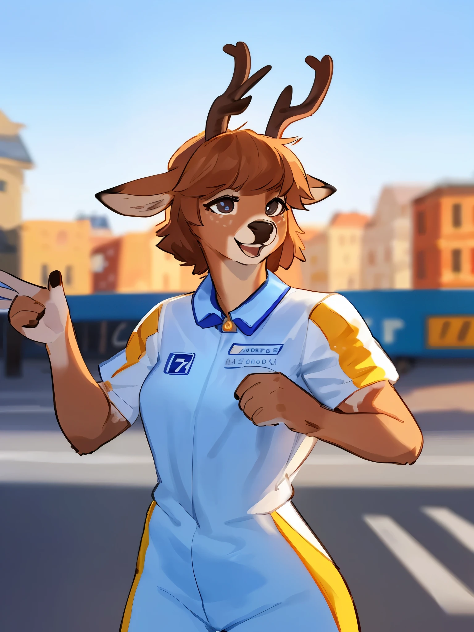 by bebebebebe, by lostgoose, by goonie-san, solo, female, standing, ((snout, hair, hair, deer, doe)), detailed eyes, french city, open mouth, smiling, happy, motorsport uniform