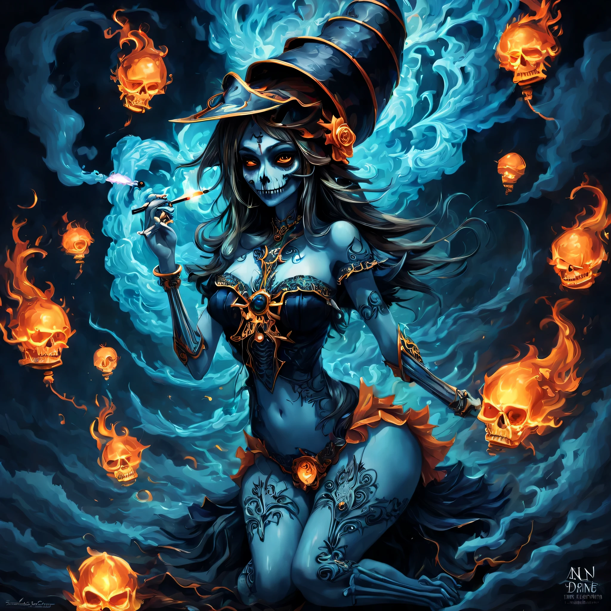 The dark magician girl,cutting  art, cutting works, Blue light lanterns , intricate little ghostly spirits swimming, (Masterpiece), (Best Quality), (Ultra high Detailes) a painting of a skeleton of the dark magicain girl smoking a cigarette, digital art, by Dan Mumford, behance contest winner, psychedelic art, dress made of fire, cyan and orange palette. vivid, andrew tate, his head a skull, burning clouds, woman made of black flames, popular on behance, fractal insane, portrait of professor sinister, bright blue future, icon for an ai app
