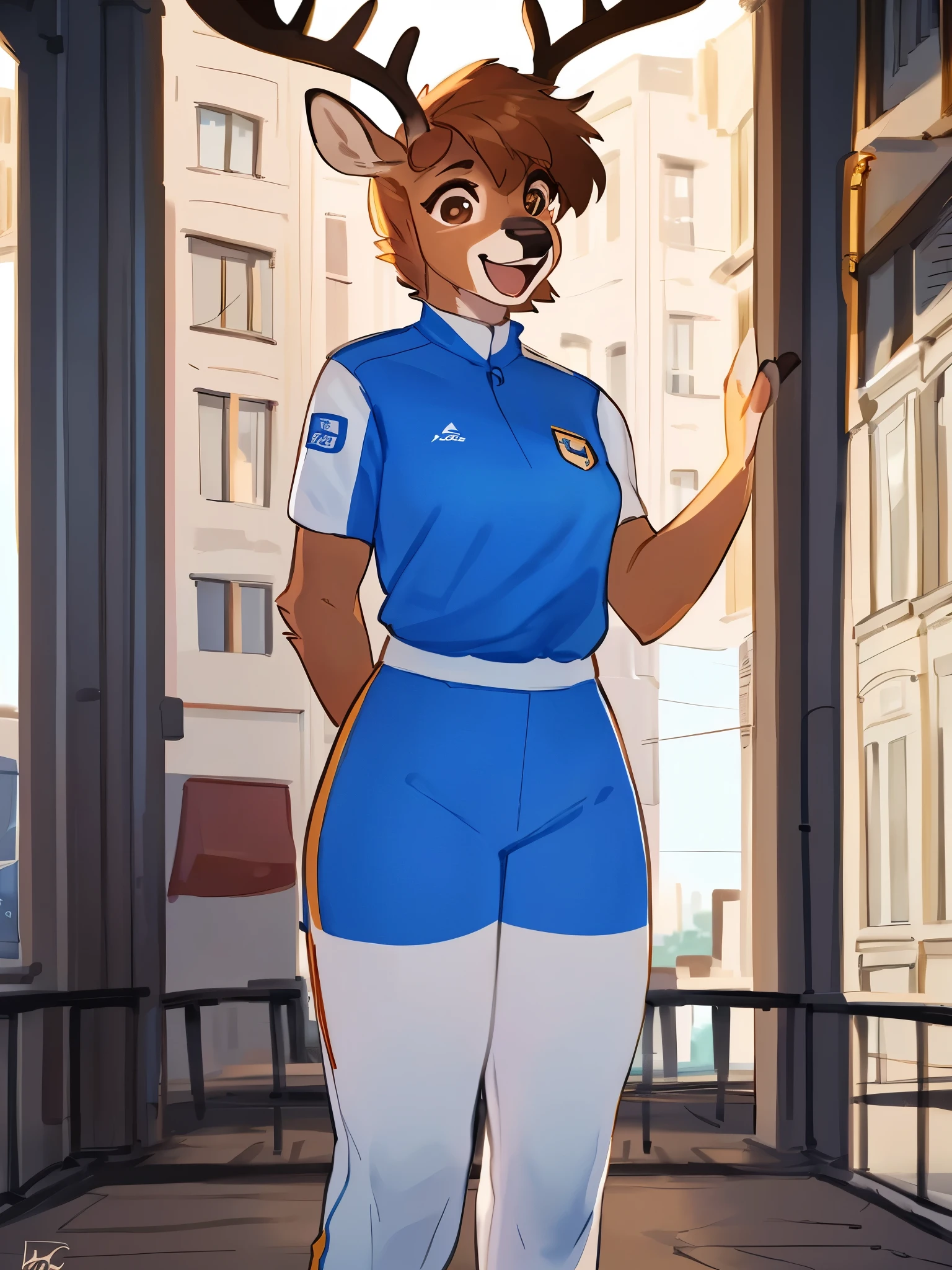 by bebebebebe, by lostgoose, by goonie-san, solo, female, standing, ((snout, hair, hair, deer, doe)), detailed eyes, french city, open mouth, smiling, happy, motorsport uniform
