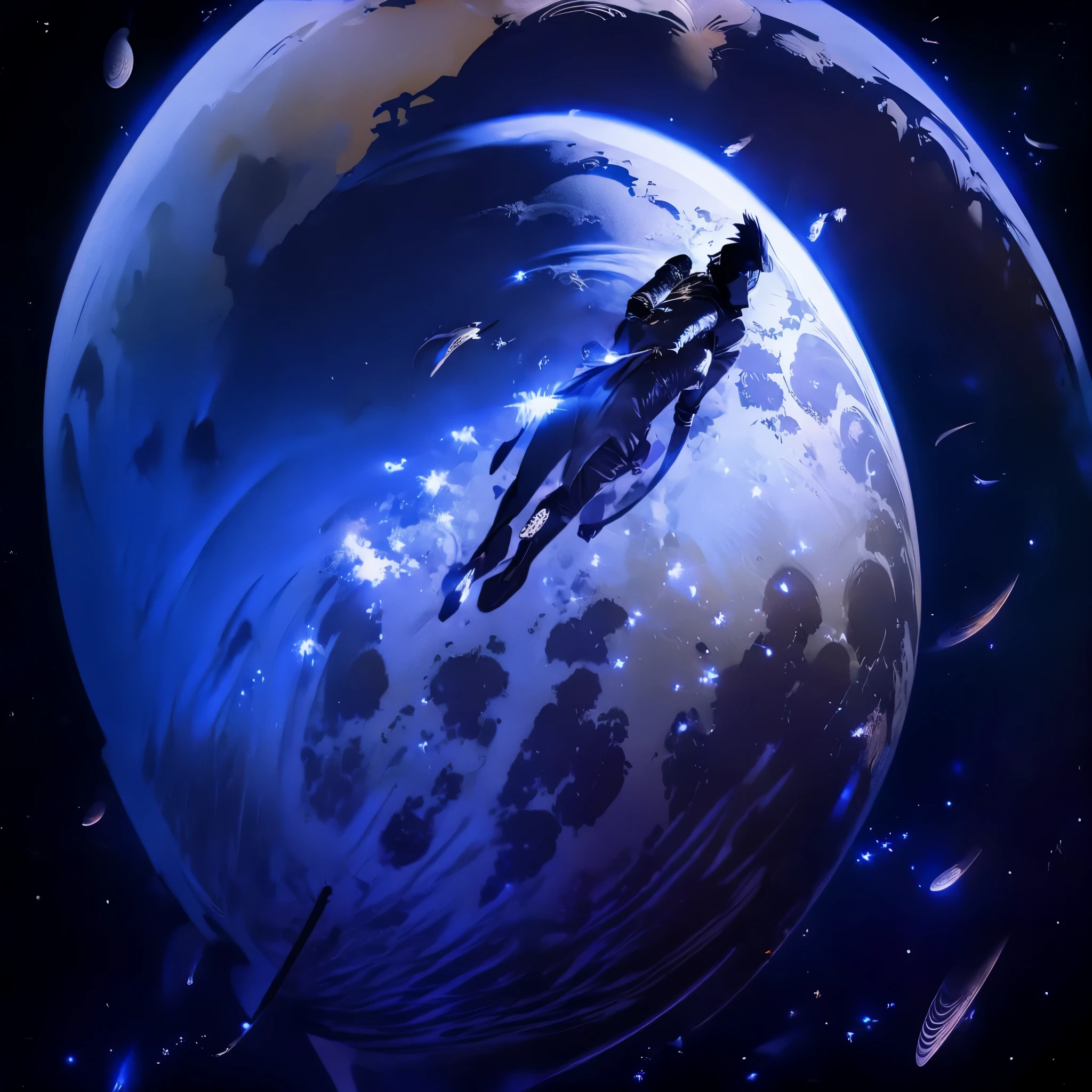 Masked man in elegant Japanese suit staring at the moon in space with star dust around and stars behind the moon. Man is a moon seeker. The moon is big and beautiful surrounded by stardust and darkness.
