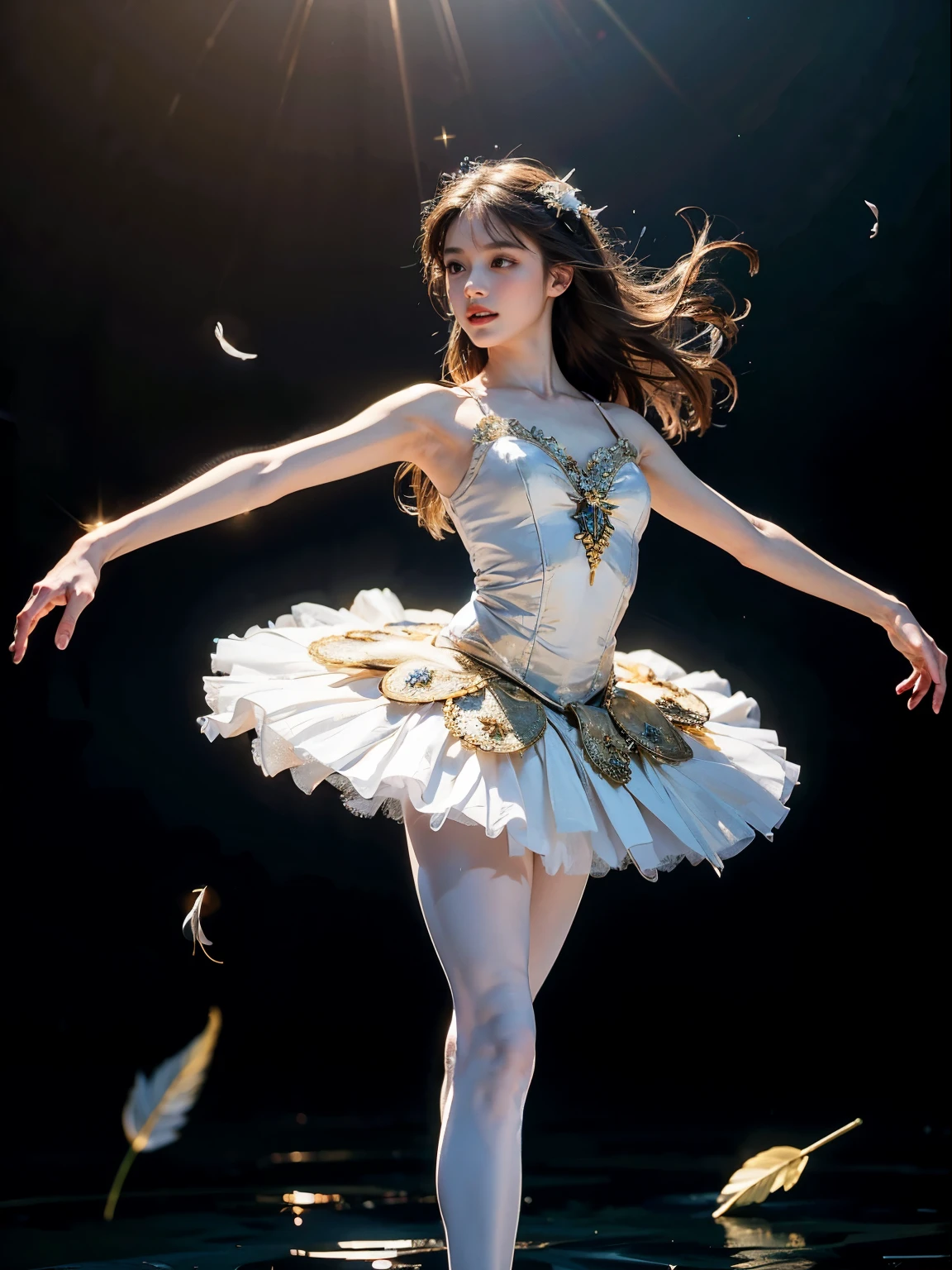 fantasy, high quality, 8K, realistic,photo realistic,RAW photo,photography,High resolution, ultra-definition, highest quality,cinematic lighting, (light particles), (small white feathers:1.3), glitter effect, from below, midnight, ballet、ballerina, ballet Swan Lake、Lake in the deep forest、full body、break, A prima donna girl dances gracefully in the moonlight on a mysterious large lake.、princess odette, Lonely、1 girl、((luxurious and delicate white tutu)),semi-long hair,black hair,black eyes、beautiful feet、Ballet Pointe Shoes, Peeking from below、Straddling the camera、