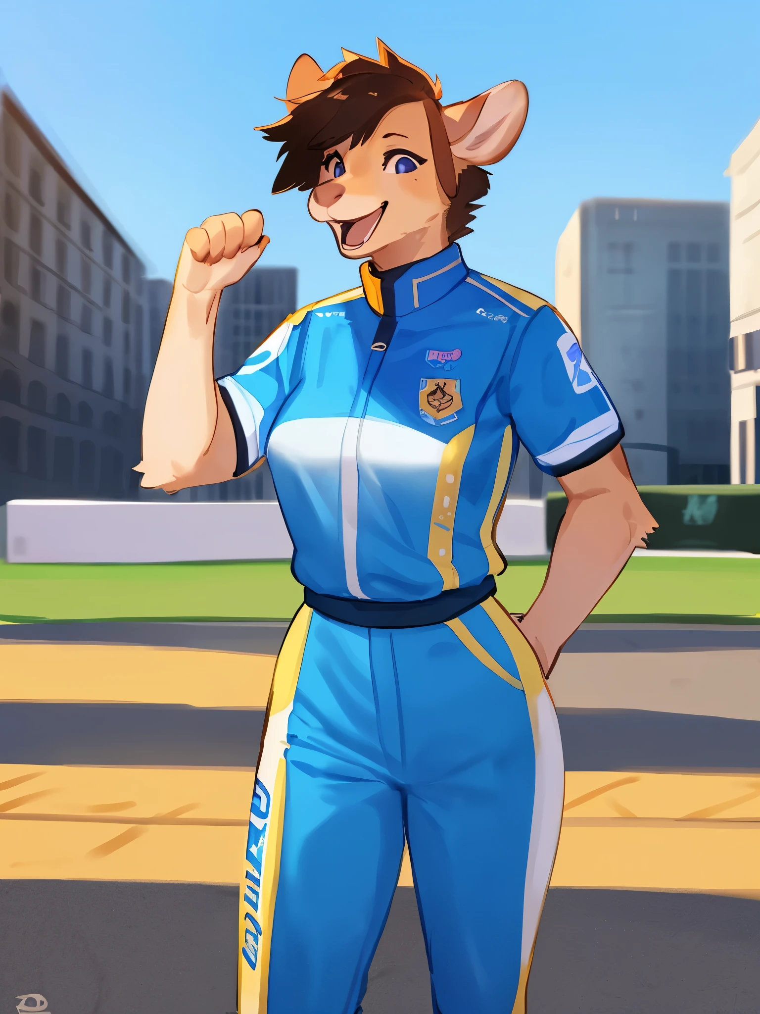 by bebebebebe, by lostgoose, by goonie-san, solo, female, standing, ((snout, hair, hair, doe)), detailed eyes, french city, open mouth, smiling, happy, motorsport uniform