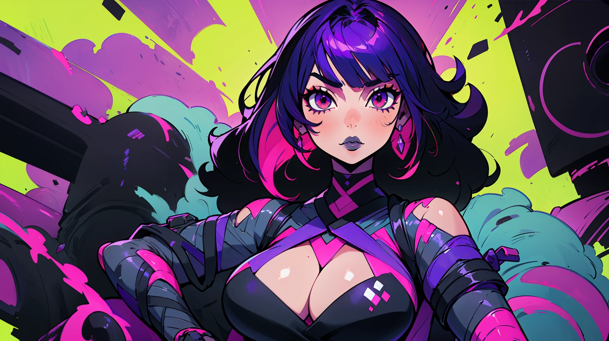 ((solo)). female character around 30 years old. mature body with large breasts and cleavage. she huge fake breasts with deep cleavage. absolutely massive titties. she wears a ninja style body mesh. she has a lewd expression. red eyes. long purple hair with straight bangs. She wears eyeliner and black lipstick on her lips. she looks a model on a clothing ad. a combined neon and greyscale color style. the background has abstract spray paint. body faced towards viewer