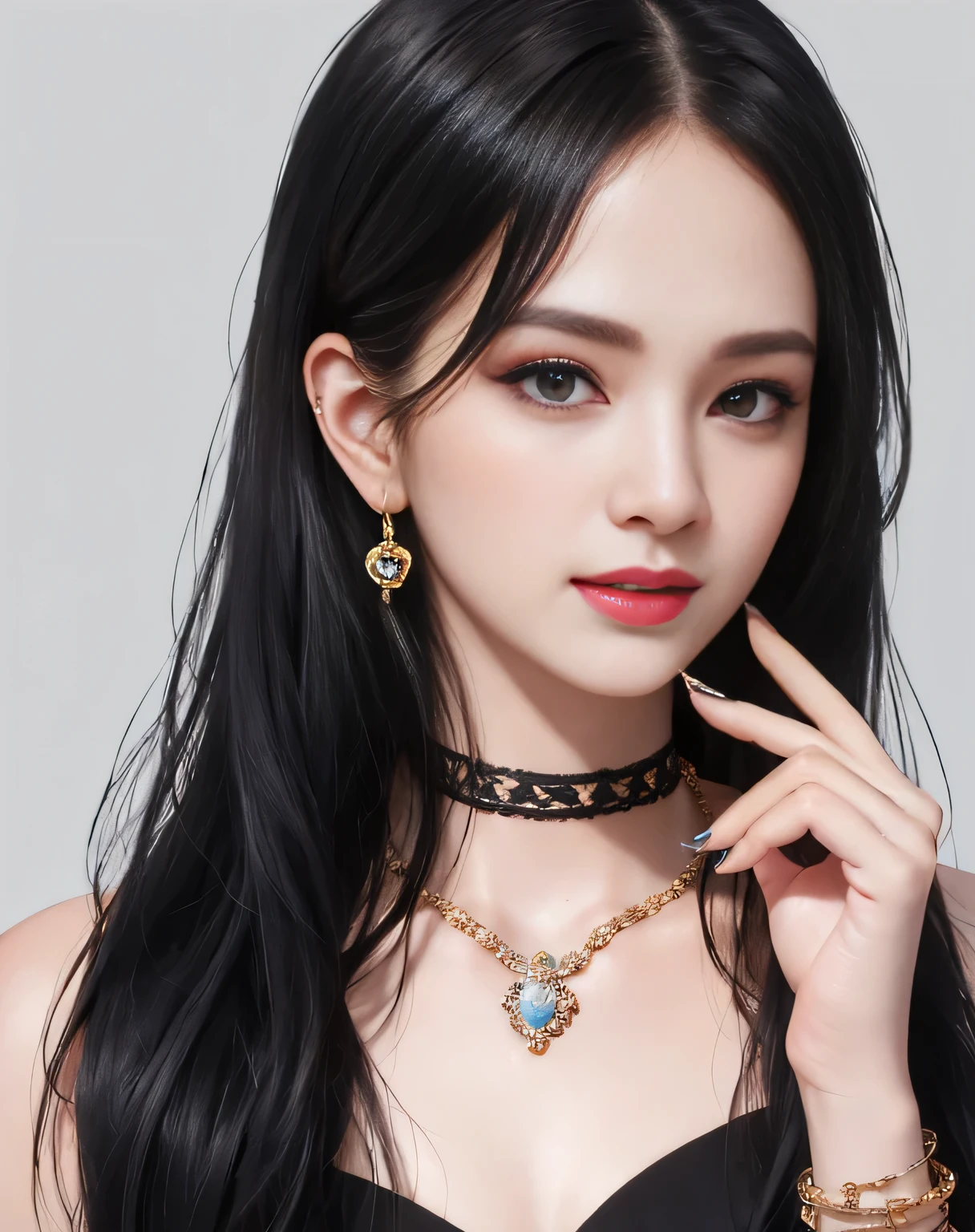 masterpiece,best quality,ultra-detailed,8K,detailed light,detailed shadow,RAW, (detailed skin),(realistic:1.2),
1girl,face,
pilyeon, black nails, jewelry, Long hair, looking at viewer, choker, necklace,piercing, white background, heart, closed mouth, grey eyes, nail polish, simple background, black hair, ear piercing, black choker, smile, eyelashes, lips, hand on own cheek, bangs, bracelet, beads, gem, earrings, fingernails