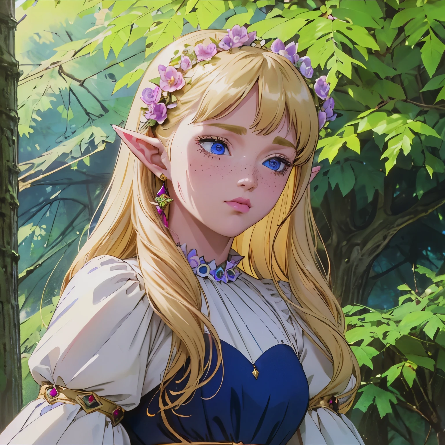 (best quality,ultra-detailed,realistic:1.37),a girl with elf ears,a beautiful blonde woman,detailed facial features,detailed freckles,stunning blue eyes,pouty lips,fierce expression,powerful pose,sharp sword,in a lush garden with blooming flowers,soft sunlight filtering through the trees,subtle wind gently blowing her hair,silky flowing dress,fluttering gracefully,sparkling jewelry accentuating her elegance,enchanted forest in the background,showcasing her mystical aura,vibrant colors and vivid hues,evoking a sense of fantasy and enchantment.