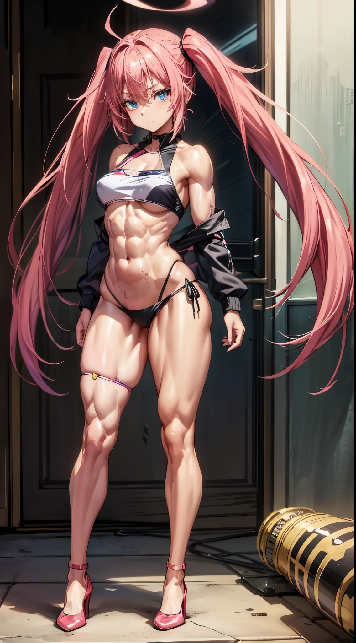 1 girl, medium breasts, (wearing short and very sexy bikini), (long pink hair), (((blue eyes))), Thin arms, (in the motel room), (thin waist), (((muscular legs ))), muscular belly, wearing a red high heel shoe, (((standing))), (twintails), long eyes, bad mood, eye Reflection, anime, anime style, ray tracing, Reflection, drop shadow , Panorama, Sony FE, 8k, UDisk, artwork, accurate, anatomically correct, super detail, best quality, ultra-high resolution, hard drive, 16k