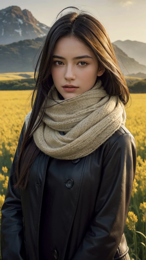 8k, best quality, masterpiece, realistic, ultra detail, realistic photo, Increase quality, photo of a girl standing in a field with a scarf, in dark and brooding designer style, voluminous mass, photobash, serene faces, jagged edges , marine, natural beauty, close-up, yellow and lilac colors
