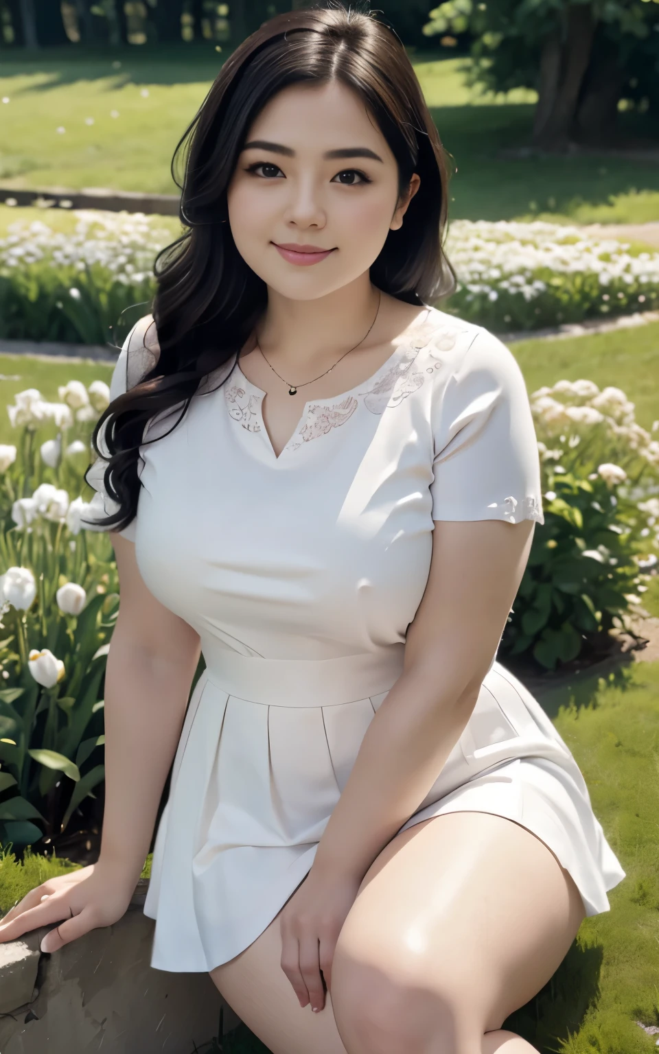 (photorealistic:1.4), (masterpiece, 8k raw photo, best quality:1.4), a woman, 25 years old, beautiful face, pudgy cheeks, (curvy thighs:1.4), white pale skin, long wavy cascading hair, black hair, short sleeve lace blouses o-neck, pleated thight mini skirt, diamond necklace, seductive smile, standing, closed mouth, lens flare, meadow, garden, cool tone, depth of field
