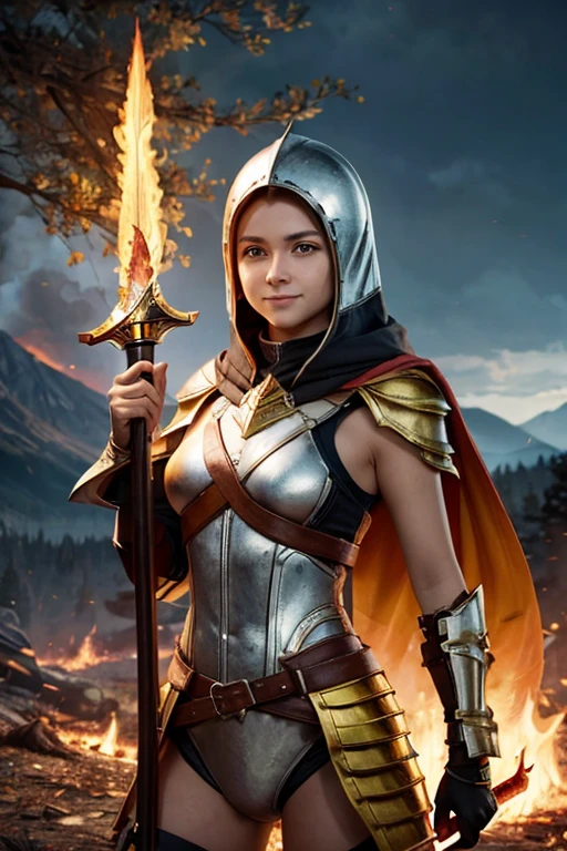  linda, idade 12 anos, com armadura de Virgem, cabelos azuis, olhos meigos, sorriso contido, with yellow fire sword in hands, background image style a very high rocky mountain with burning trees