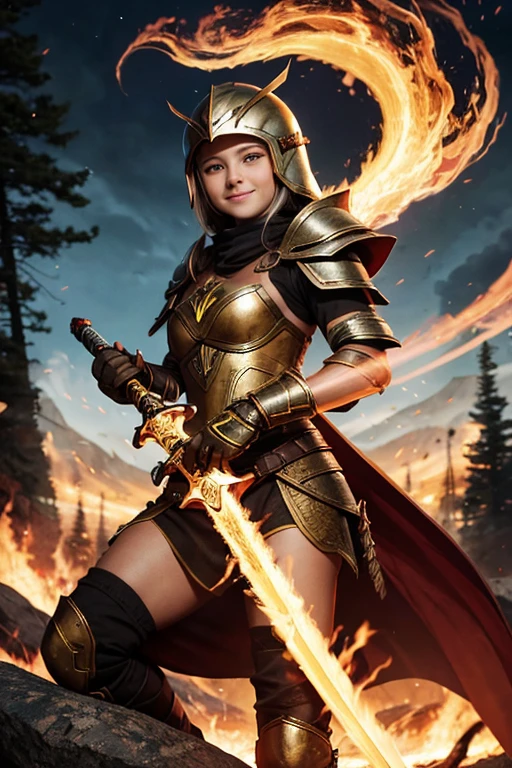  linda, idade 12 anos, com armadura de Virgem, cabelos azuis, olhos meigos, sorriso contido, with yellow fire sword in hands, background image style a very high rocky mountain with burning trees