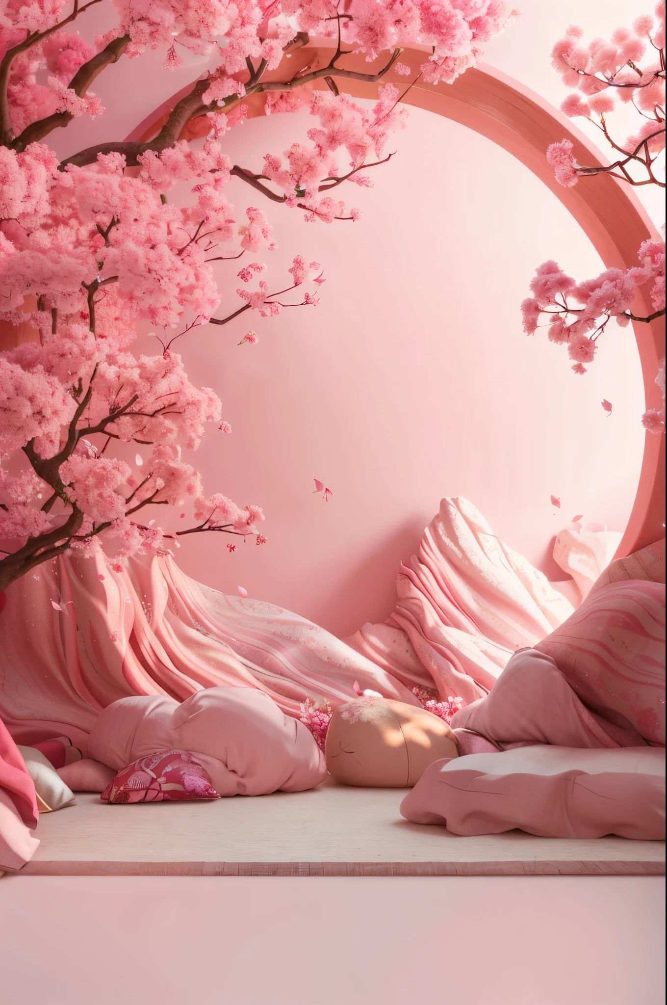 There is a pink tree in the pink room，pink flowers that, pink landscape, pink zen style, flowing sakura-colored silk, Cherry blossom forest, flowing sakura silk, Pink Forest, Lush cherry blossom trees, the cherry trees, lush sakura, sakura season, pink trees, japonisme 3 d 8 k ultra detailed, the walls are pink, Cherry blossom trees