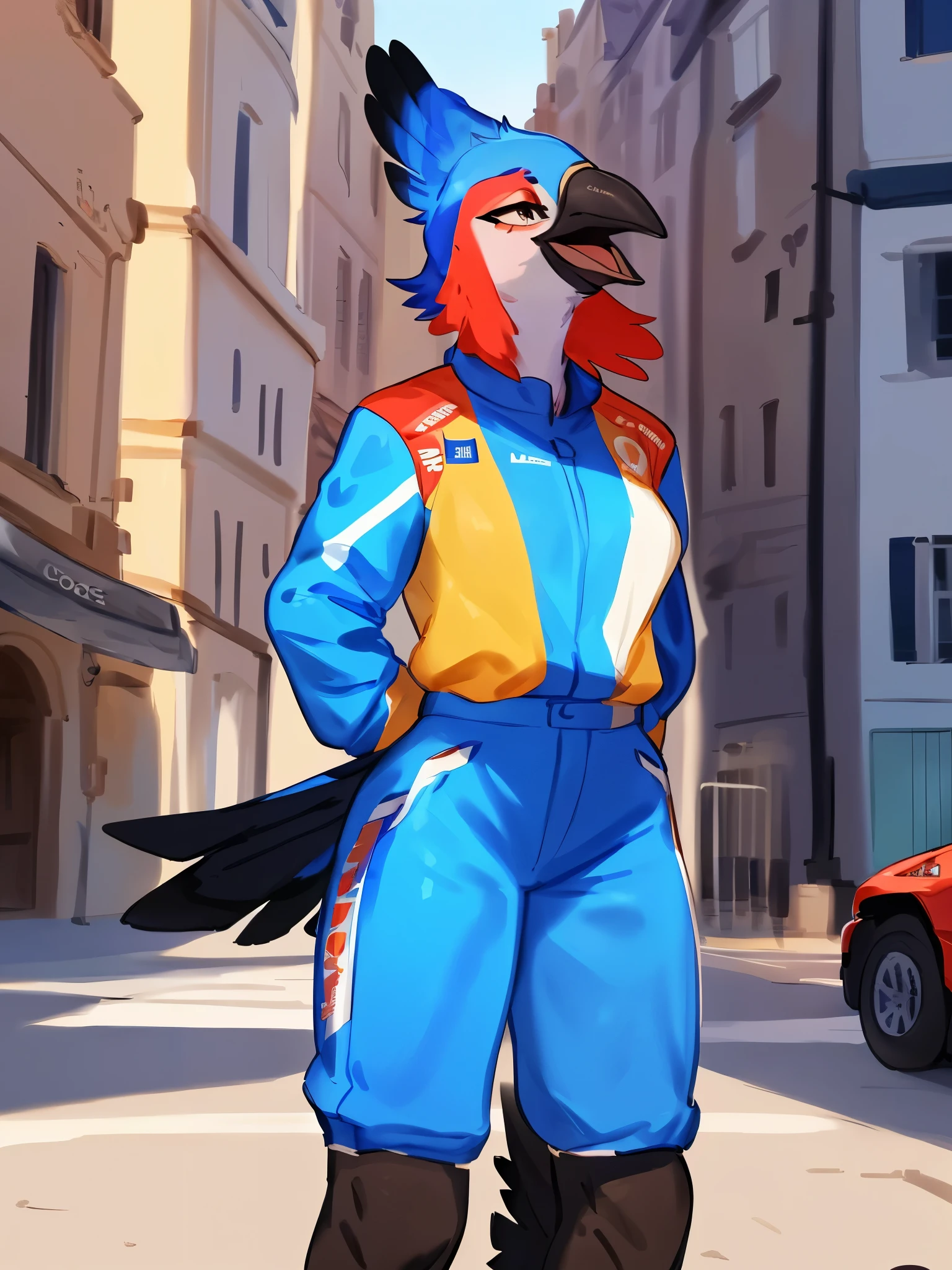 by bebebebebe, by lostgoose, by goonie-san, solo, female, standing, ((snout, hair, avian, bird, hummingbird)), detailed eyes, french city, open mouth, smiling, happy, motorsport uniform