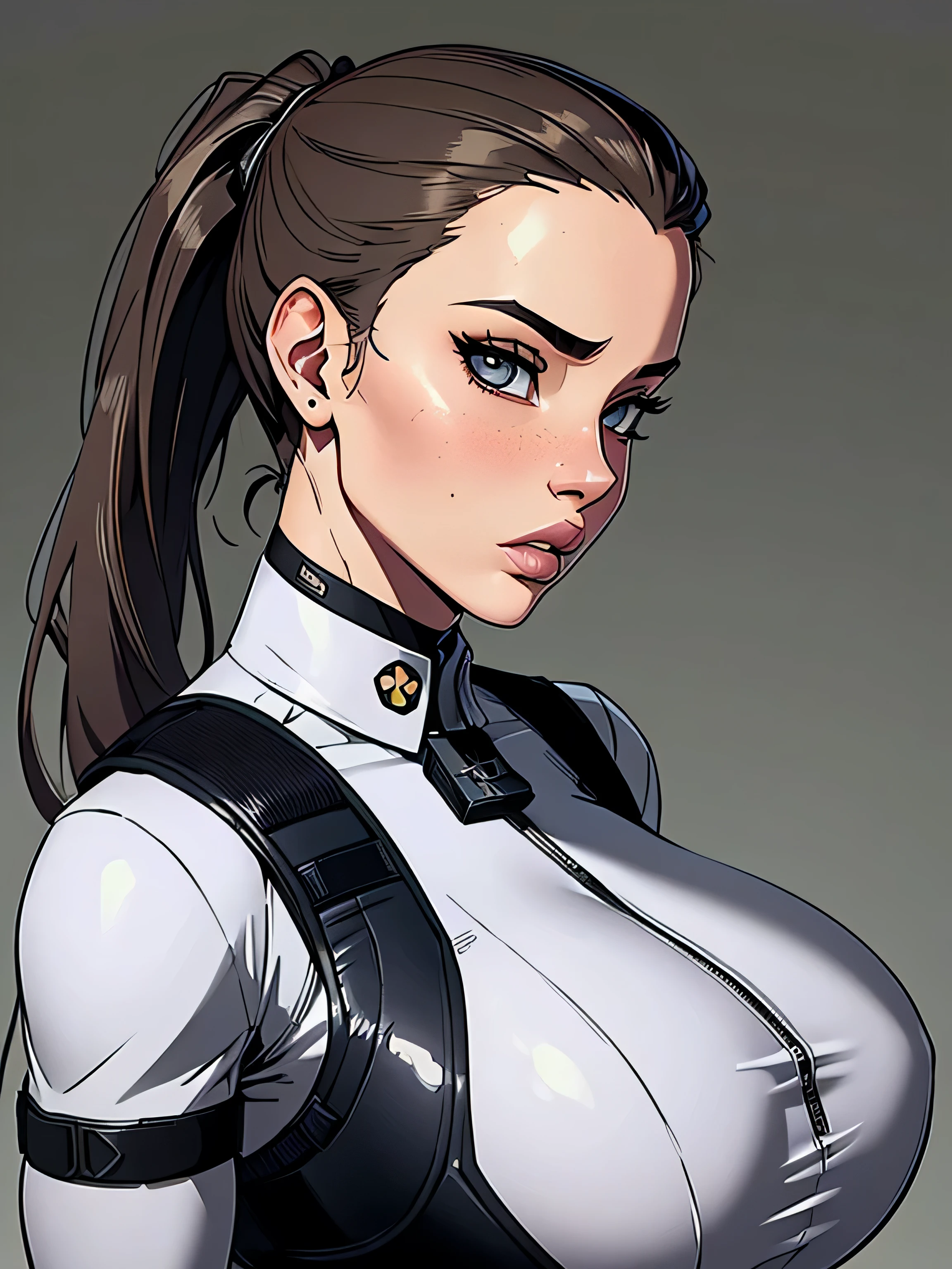 joli, sexy, femme, Gilet pare-balles militaire, insigne de crâne, gris, brun, long, Cheveux, queue de cheval, gros cul, grosses lèvres, Éjacule, vue de face, torse, Tons sombres, fond blanc