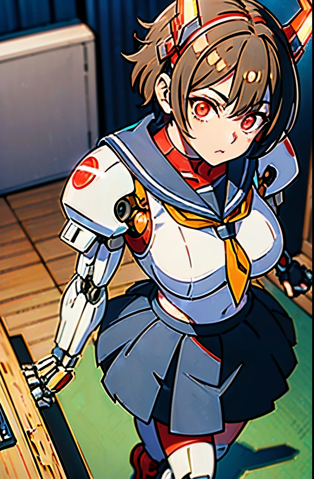 1girl solo,Standing depiction、(Large symmetrical mechanical wing:1.6)、((kasugano sakura:1.3))、(symmetrical mechanical headgear:1.6)、Beauty Cyborg, Cyborg - beautiful woman with brown short bob hair perfect anime cyborg woman, cute cyborg beauty, beautiful cyborg beauty, cyborg girl, (Perfect android beauty), (The perfect cyborg woman), (Cyborg - Girl), (beautiful female cyborg)、 beautiful white girl cyborg, beautiful female android, Beautiful and attractive female cyborg、walk、full body description、(Mechanical sailor suit:1.5)、(mechanical ruffle skirt:1.5)、((Combat readiness))、(glowing red mechanical eyes:1.9), brown hair, short hair, bangs, Ahoge,(head band), ((Gray uniform:1.4)), puffy sleeves, crop top, yellow neckerchief, ((gray skirt:1.4)), fingerless gloves, thighs thighs, white socks, red footwear,Expressionless、(table top, highest qualityの, highest quality, beautiful and aesthetic: 1.2), very detailed, more detailed,Proper body proportions,table top,Ultra high quality output image,High resolution,intricate details,very delicate and beautiful hair,realistic pictures,dream-like,professional lighting,realistic shadow,focus only,anime one、discovery stance, punching, discovery,raise one leg、Anime one、(combat stance:1.3)
