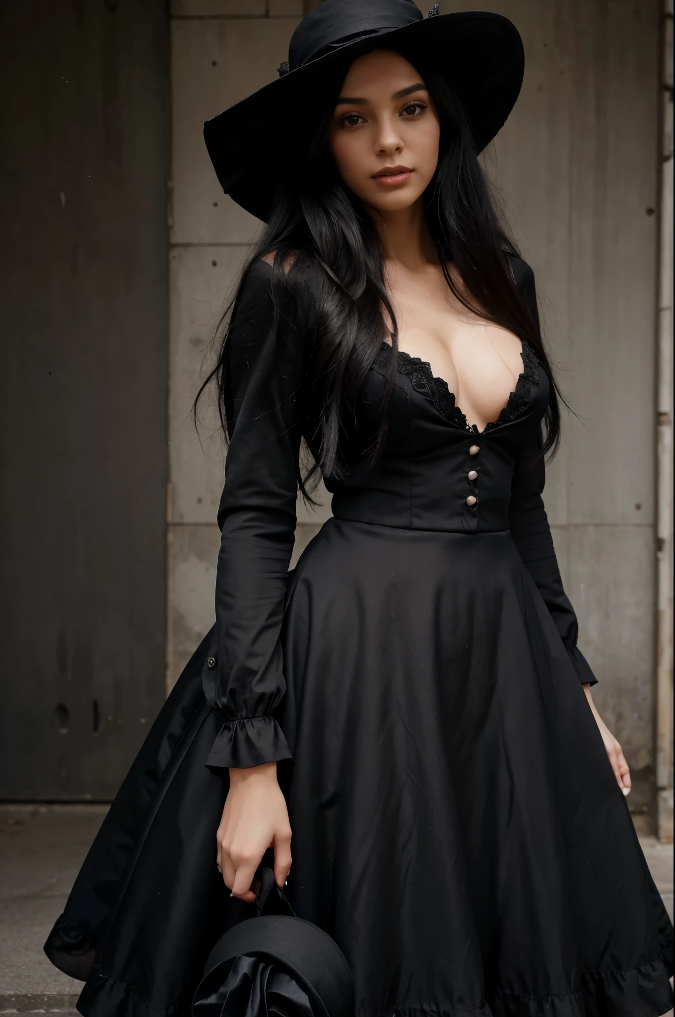 woman with long black hair with black hat and a black rose in the hat dark skin, cute dove appearance, vestidos longos de detalhes de renda