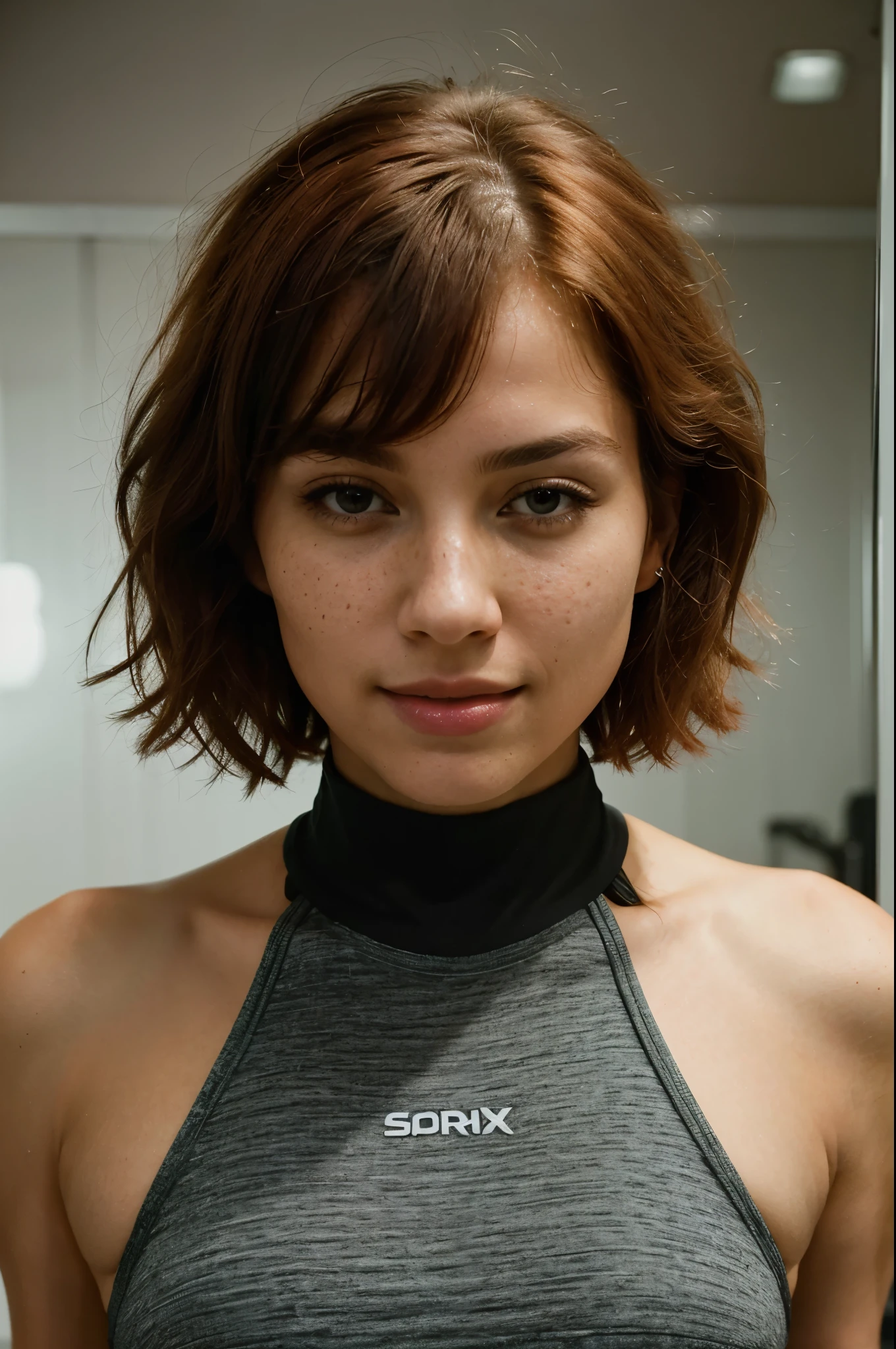 A woman, considered by some to be the epitome of beauty by today's standards, possesses an alluring blend of physical charm and personal charisma. Her symmetrical features create a harmonious face, accentuated by a flawless and luminous complexion. She has red hair with purple highlights, a short cut. He has nice freckles on his nose. Expressive eyes, perhaps of an intense shade, attract attention with their depth. A bright smile, framed by well-groomed teeth, increases the overall charm. In terms of style and elegance, it effortlessly embraces current fashion trends, displaying a unique and refined taste. The elegance it exudes is natural and sophisticated. Carefully chosen accessories complement its overall look, enhancing its charm. Beyond the surface, her personality further contributes to her beauty. Confidence and self-assurance define his presence, creating an undeniable magnetism. His kindness and empathy, evident in every interaction, add a layer of warmth to his charm. Her intelligence and wide range of interests make her not only physically attractive but also intellectually stimulating. This nuanced and multifaceted combination of characteristics paints a portrait of a woman who embodies contemporary ideals of beauty, seamlessly blending physical attractiveness with style, elegance and a captivating personality. She is in the gym and is training, she is wearing a pair of headphones, she is sweaty and has an expression of fatigue on her face, she is wearing a black top and sports leggings, the gym is a modern gym, with modern equipment and there is a large mirror on the wall, the mirror is part of the wall and has no edges, the lights in the gym are warm and the walls are dark with padded walls
