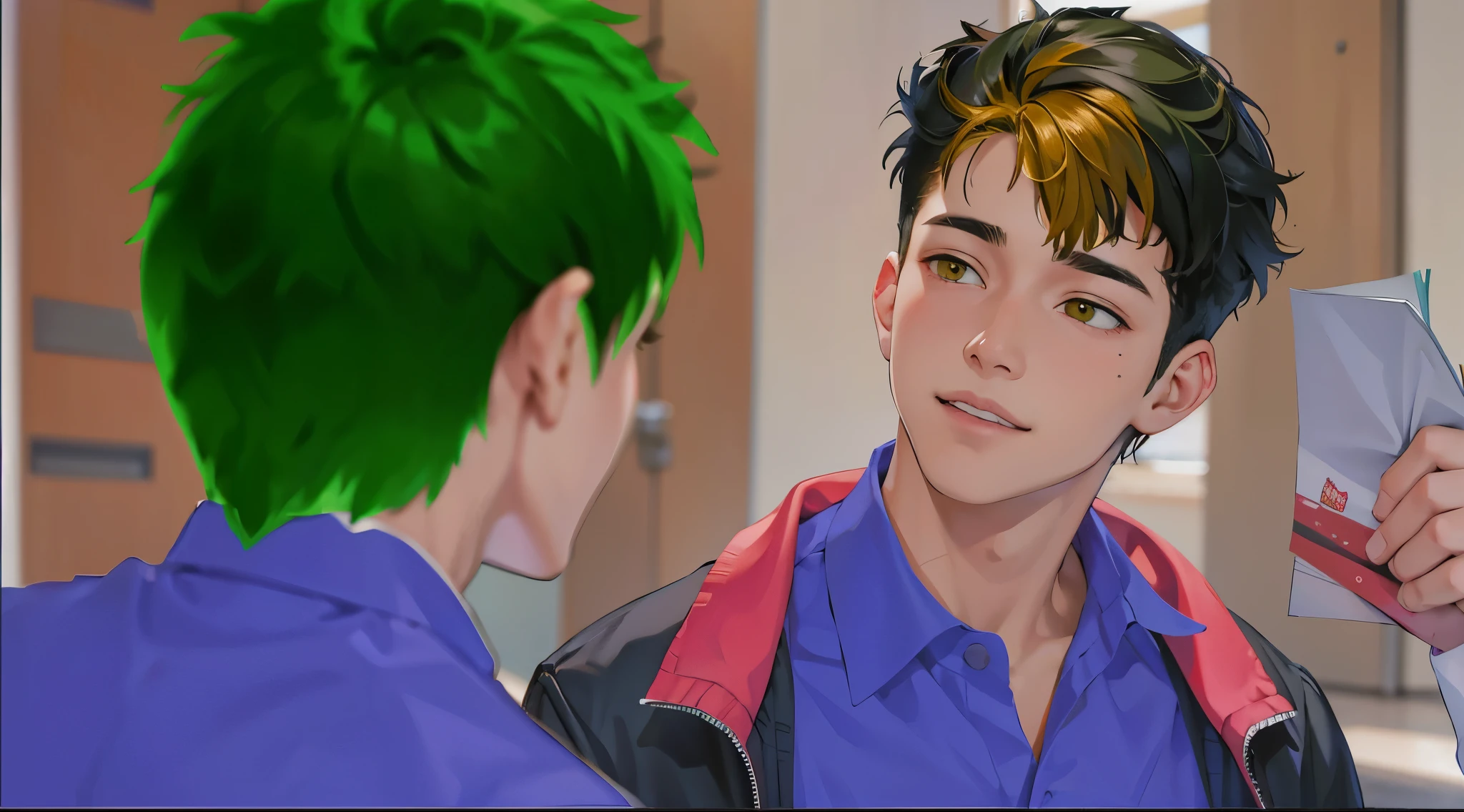 There are two boys at school, they are 15 years old, they look at him with affection.