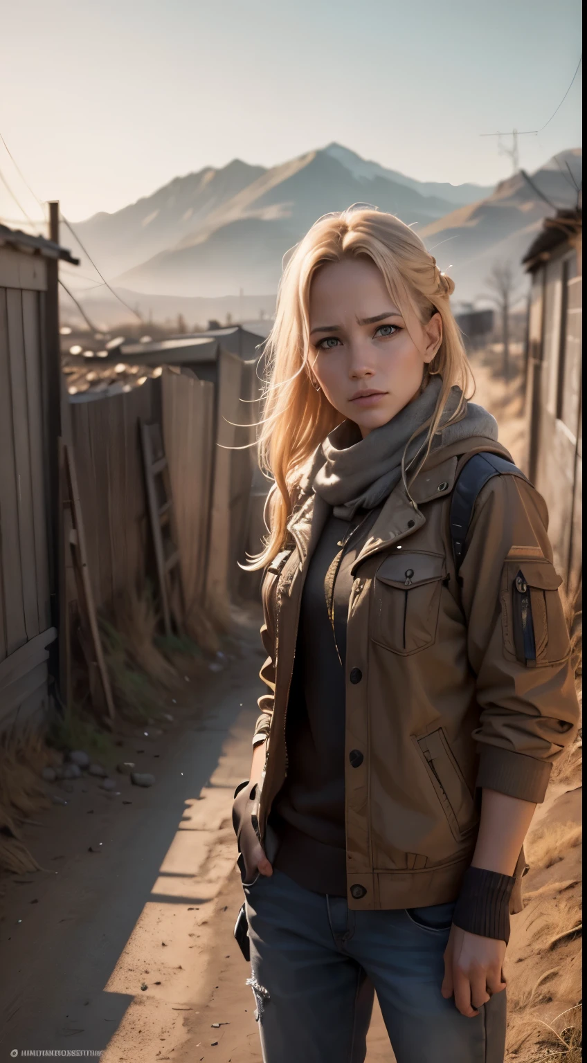 Foto hiperrealista en primer plano de 20 years old Maria Bello, masterpiece, best quality, (photorealistic:1.4), Create dystopian masterpieces. Depict a rural landscape in the rugged style of the game's concept art. This work should evoke a sense of abandonment and despair in a futuristic, post-apocalyptic world. Notice the intricacies of detail, the sharp focus.