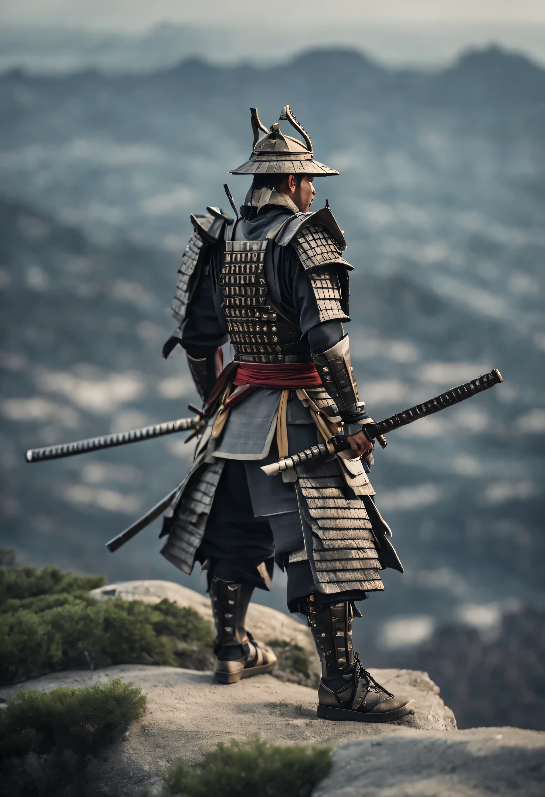 A lone samurai, clad in traditional armor, standing on a cliff overlooking a vast and awe-inspiring landscape.  depth of field, superb sharpness, contrast, photorealistic,