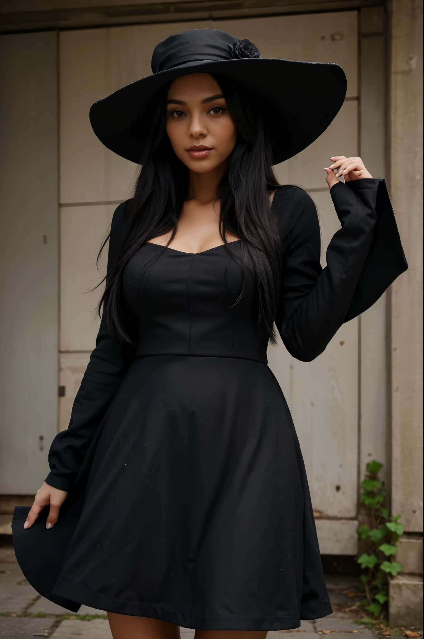 woman with long black hair with black hat and a black rose in the hat dark skin, cute dove appearance, vestidos longos de detalhes de renda