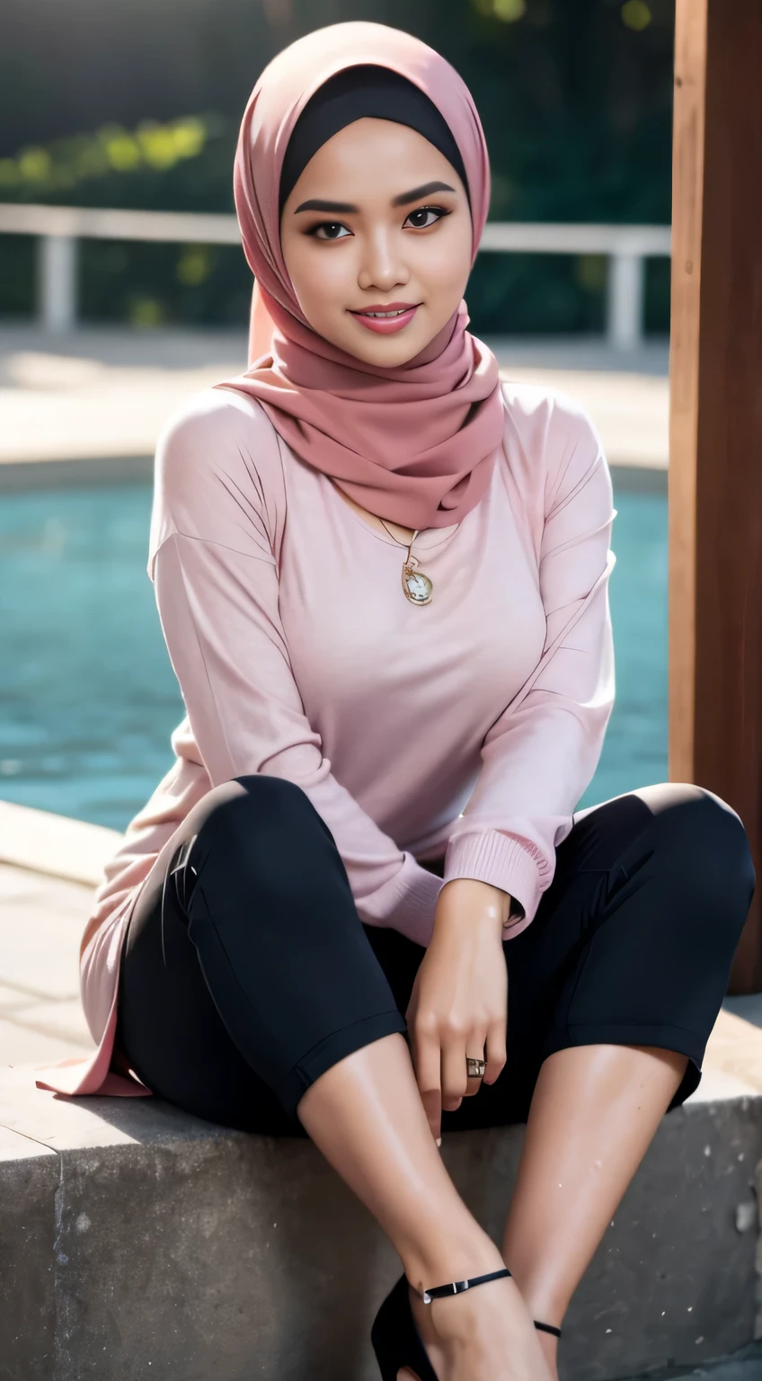 RAW, Best quality, high resolution, masterpiece: 1.3), beautiful Malay woman in hijab (iu:0.8),Best quality, high resolution, Masterpiece: 1.3, Beautiful hijabi malay girl, Masterpiece, full body picture, Soft smile, Realistic, 1girl, charming eyes, glowing eyes, cut top, dress, parted lips, blush, night, sun, sun, big breasted girl, fashion outfit, sexy feminine,wear kebaya pink long neck, sitting in night club stage, pullover, long pants, high heels, highres,4k,HDR,1girl, photorealistic, realistic,sweat skin, wet clothes, wet body, big breast, ((full body))soaked, dripping, smiling at viewer, closeup