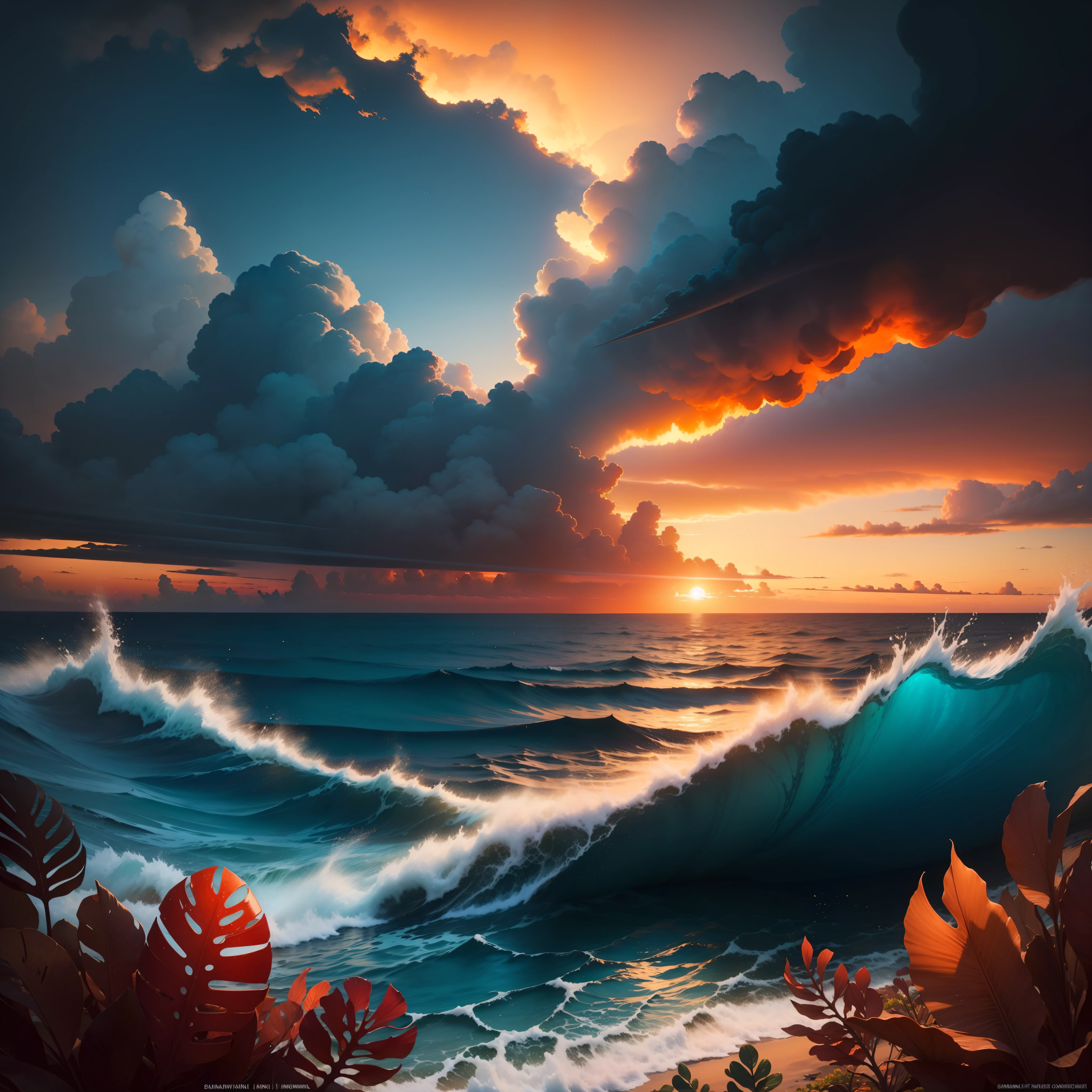 Sea,Big wave,Sunset,cumulonimbus clouds,Best Quality, masutepiece, 超A high resolution, (Photorealistic:1.4)