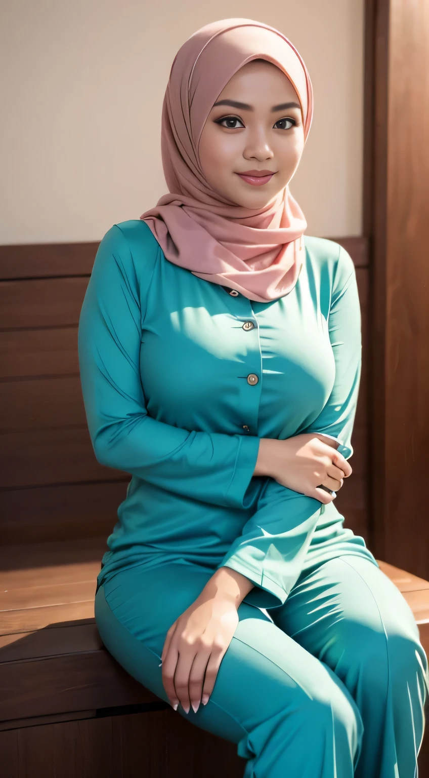 Malay girl very long white hijab, wear pastel green high low dress and leather jacket, kneeling on bed, kneeling, smiling , wear necklace, front view, windy, detail skin, age spot, detail skin texture, mole below eyes, small breast, flat chest, wide hips, small waists, thick thighs, slim abs, beautiful body, nighttime, laughing, happy, bright lighting, people in background, college gym background, blur background, bokeh, location: bedroom,