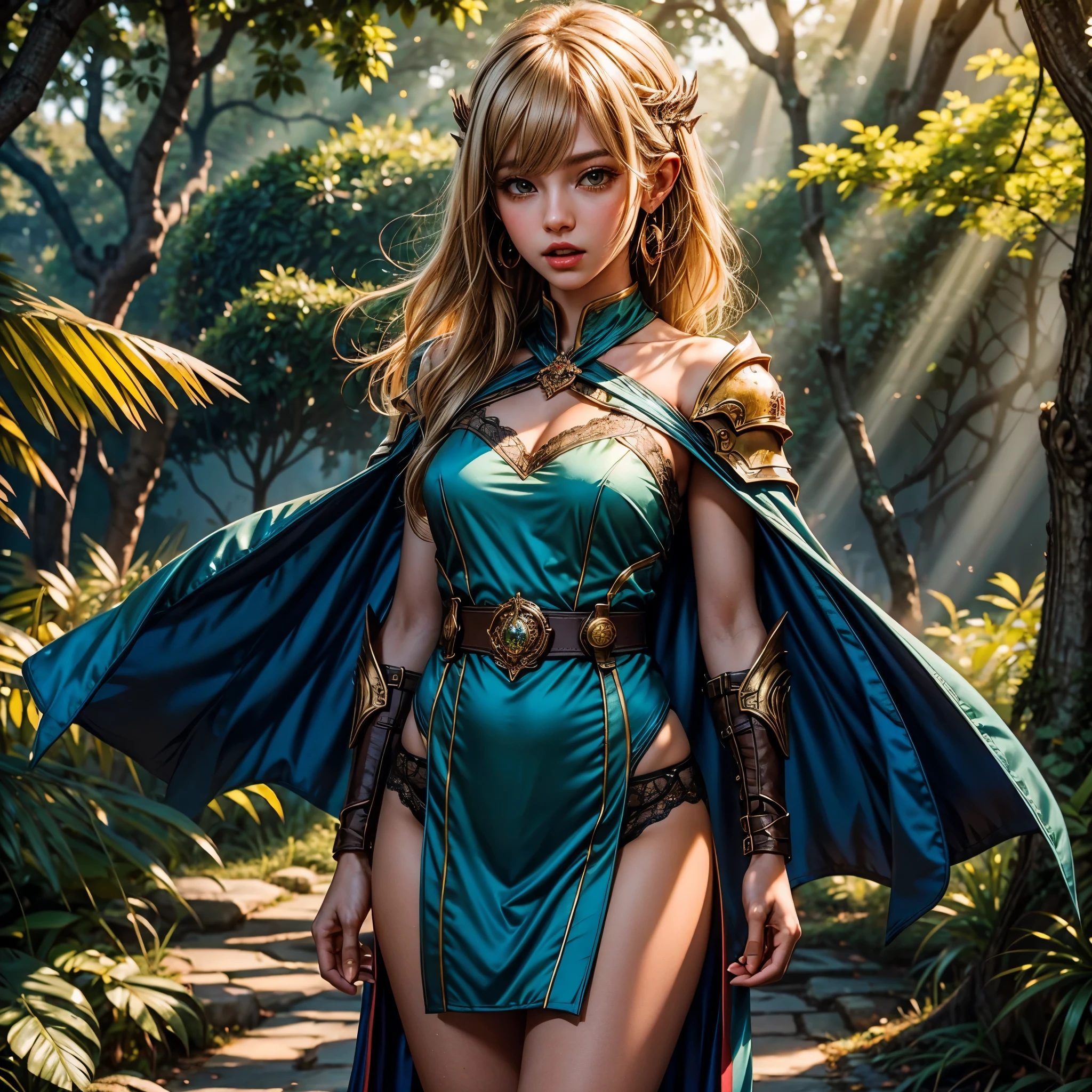 ANI_CLASSIC_deedlit_ownwaifu www.ownwaifu.com,(extremely detailed fine touch:1.2) Elf (natural light, sun light, light rays, dappled light, ray tracing:1.2), mature female , masterpiece, ultra best quality, ultra highly quality , elf pointy ears, blonde hair, long hair, circlet, green eyes, long pointy ears, very long hair, breasts, medium breasts, earrings, lips, makeup, bangs, cape, armor, blue cape, shoulder armor, pauldrons, gloves, breastplate, belt, green dress, short dress, looking at viewer, blush, open mouth, standing, (Masterpiece, extremely detailed CG, sharp line),deedlit, offcial art, Colorful, Beautiful Japanese anime style,Extremely detailed eyes and face,Sharp pupils,realistic pupil,In the woods、cabellos largos dorados,Black lace panties,Slender thighs, varies multi etc. --v 6 --s 1000 --c 20 --q 20 --chaos 100