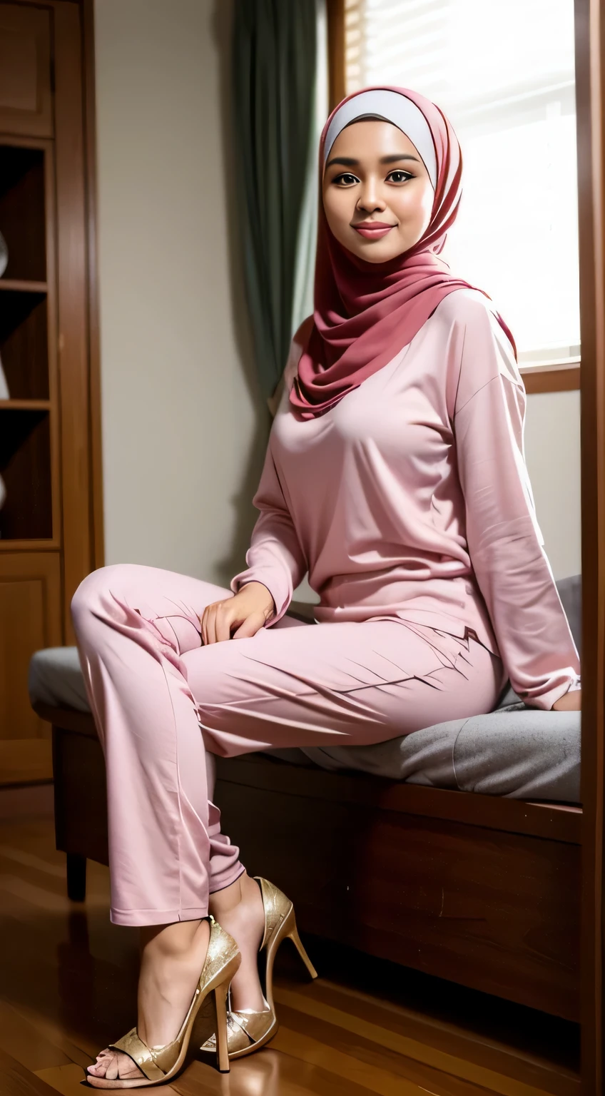 RAW, Best quality, high resolution, masterpiece: 1.3), beautiful Malay woman in hijab (iu:0.8),Best quality, high resolution, Masterpiece: 1.3, Beautiful  hijabi malay girl, Masterpiece, Soft smile, Realistic, 1girl, charming eyes, glowing eyes, cut top, dress, parted lips, blush, night, sun, sun, big breasted girl, fashion outfit, sexy feminine,wear kebaya pink long neck,  sitting in bedroom,  pullover, long pants, high heels, highres,4k,HDR,1girl, photorealistic, realistic,sweat skin, wet clothes, wet body, big breast, ((full body))soaked, full body picture(from head to feet), dripping, smiling at viewer,
