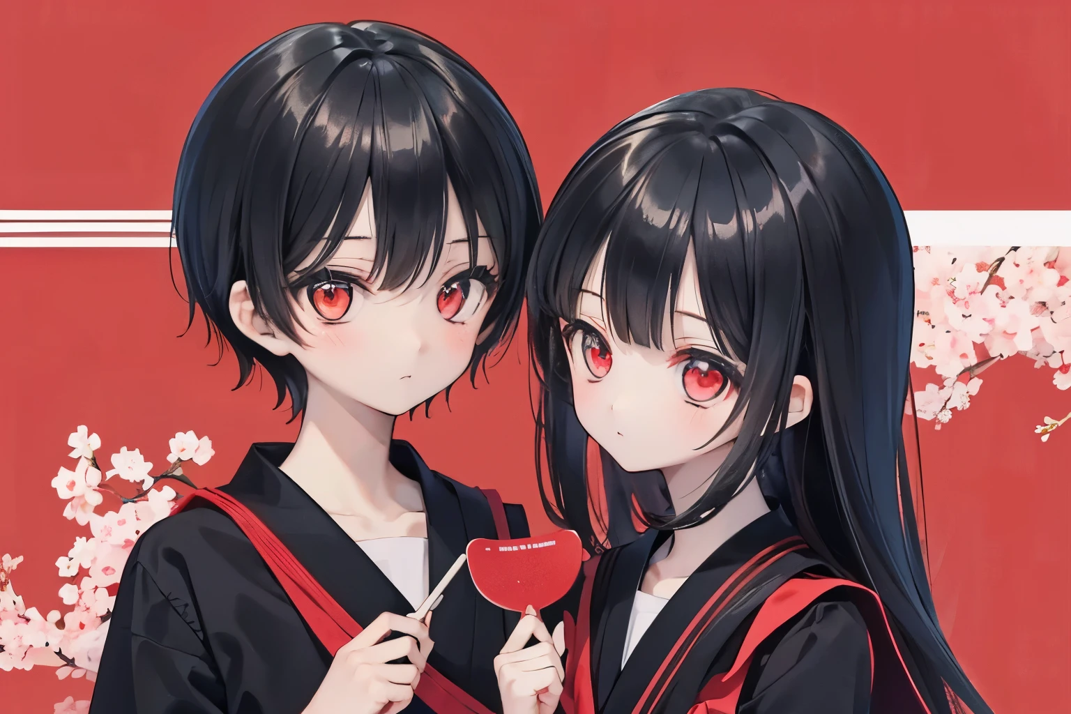 siblings, 1boy, 1girl, black hair and bright red eyes, wearing a Japanese school uniform, expressionless, classroom setting, daytime,