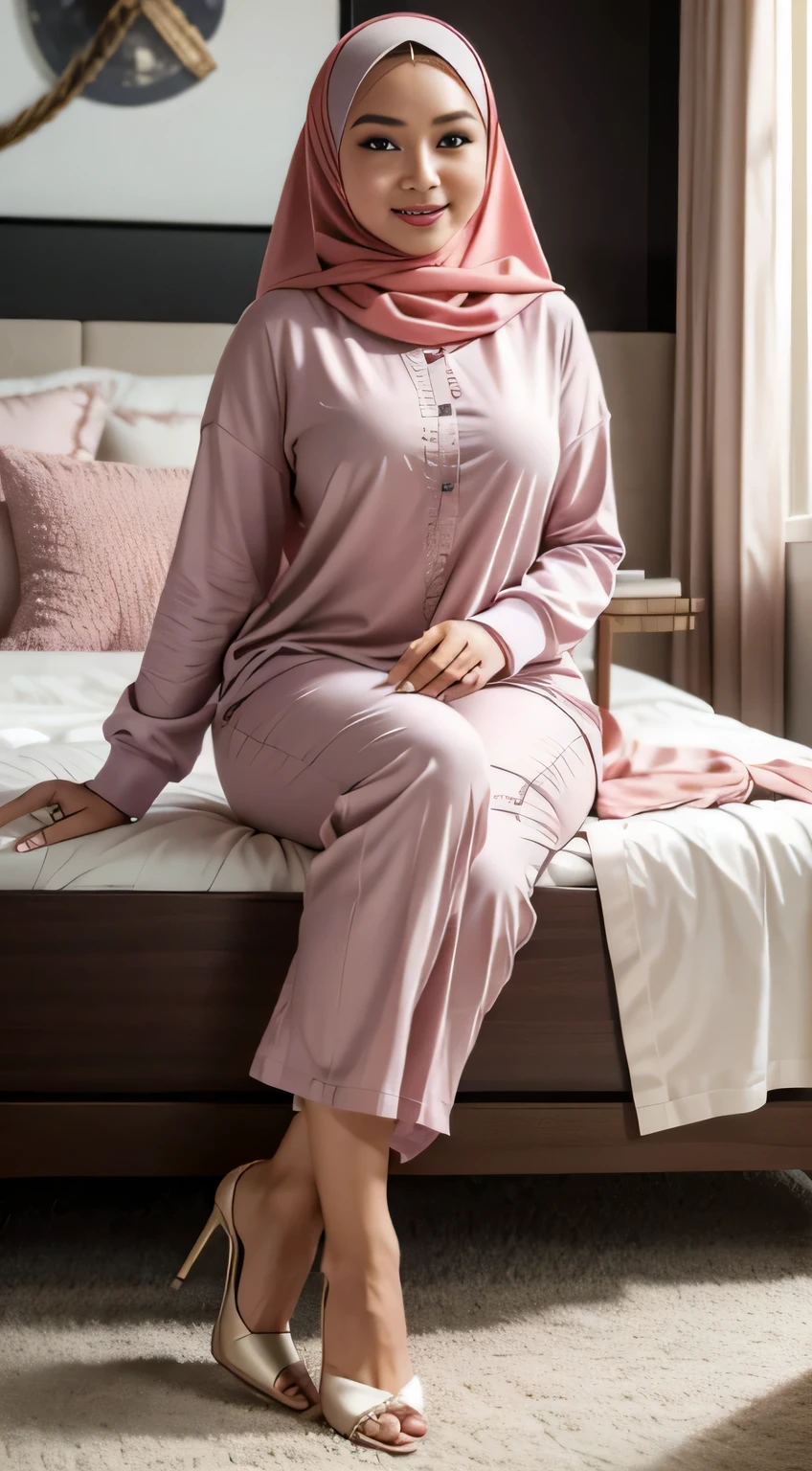 RAW, Best quality, high resolution, masterpiece: 1.3), beautiful Malay woman in hijab (iu:0.8),Best quality, high resolution, Masterpiece: 1.3, Beautiful  hijabi malay girl, Masterpiece, Soft smile, Realistic, 1girl, charming eyes, glowing eyes, cut top, dress, parted lips, blush, night, sun, sun, big breasted girl, fashion outfit, sexy feminine,wear kebaya pink long neck,  sitting in bedroom,  pullover, long pants, high heels, highres,4k,HDR,1girl, photorealistic, realistic,sweat skin, wet clothes, wet body, big breast, ((full body))soaked, full body picture(from head to feet), dripping, smiling at viewer,