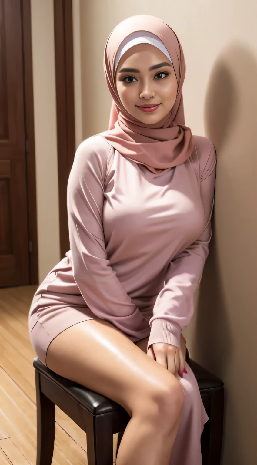 RAW, Best quality, high resolution, masterpiece: 1.3), beautiful Malay woman in hijab (iu:0.8),Best quality, high resolution, Masterpiece: 1.3, Beautiful  hijabi malay girl, Masterpiece, Soft smile, Realistic, 1girl, charming eyes, glowing eyes, cut top, dress, parted lips, blush, night, sun, sun, big breasted girl, fashion outfit, sexy feminine,wear kebaya pink long neck,  sitting in bedroom,  pullover, long pants, high heels, highres,4k,HDR,1girl, photorealistic, realistic,sweat skin, wet clothes, wet body, big breast, ((full body))soaked, full body picture(from head to feet), dripping, smiling at viewer,