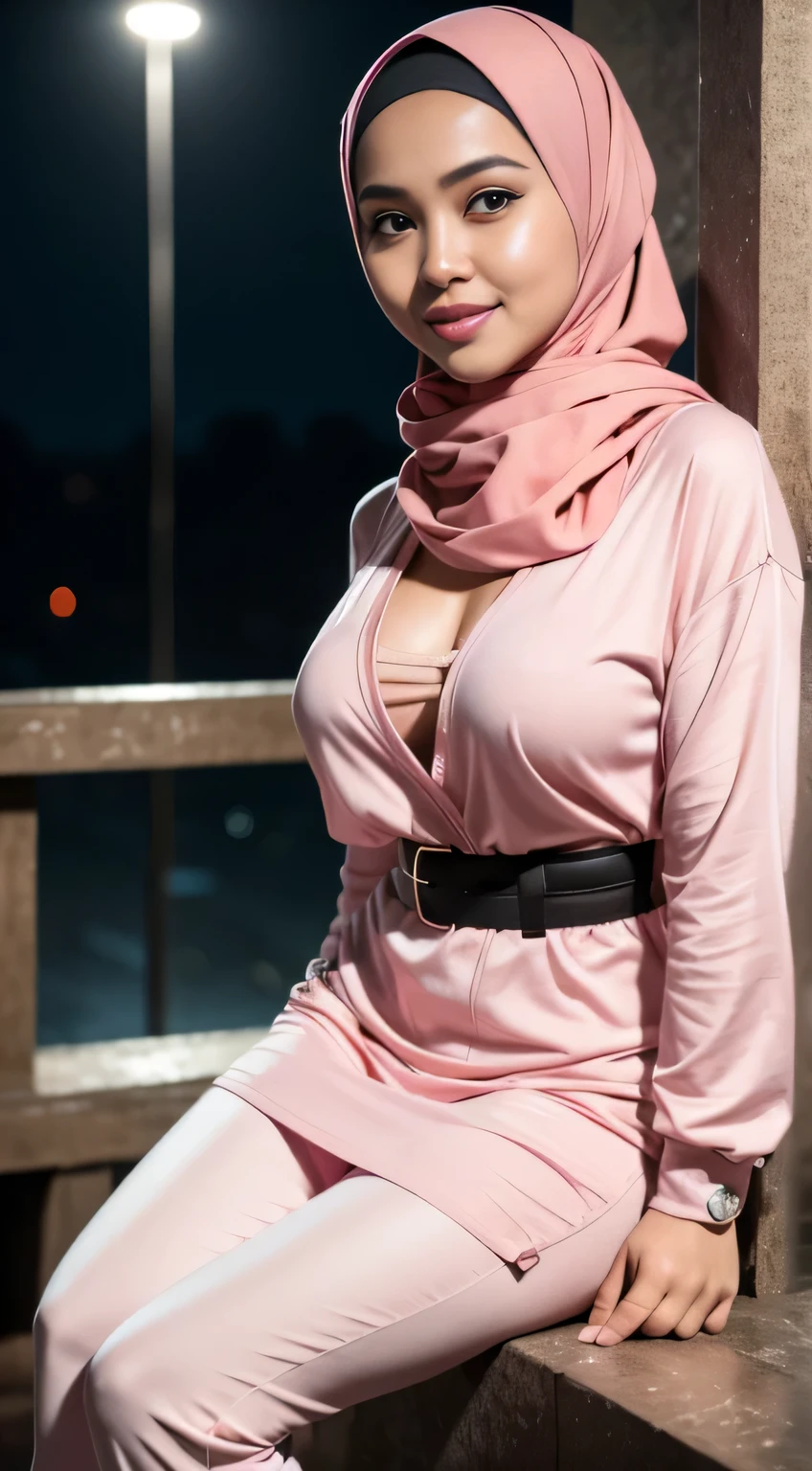 RAW, Best quality, high resolution, masterpiece: 1.3), Beautiful Malay woman in hijab (iu:0.8),looking at viewert,Portrait photography of a beautiful young malay girl in hijab wearing tight long sleeve tshirt and short skirt with leggings celebrate birthday, big breast,Detailed eyes, Standing on the stage of stripper pole, diffuselighting, depth of fields