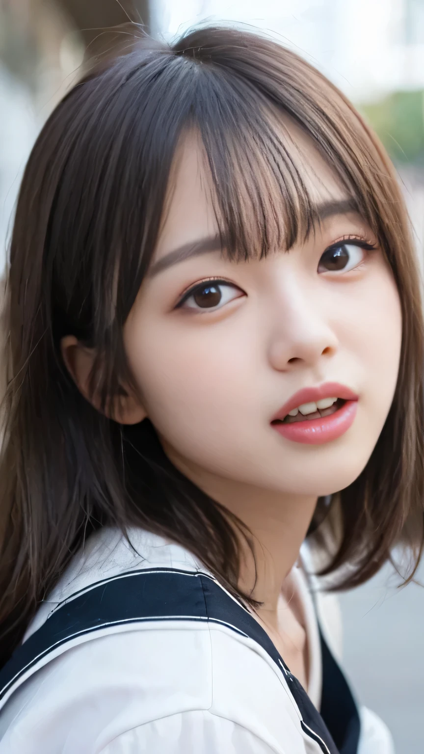 NSFW, 8K RAW photo, ((sailor suit))highest quality, masterpiece,cute face、dual、 laughter、cute face、(half-open eyes)、(Open your big mouth and show me your tongue)、ultra high resolution, film grain, movie, 1 girl, looking at the viewer, natural skin texture, Realistic eye and face details, perfect teeth alignment、Perfect eyes and perfect mouth、 bangs, split lips, lips,