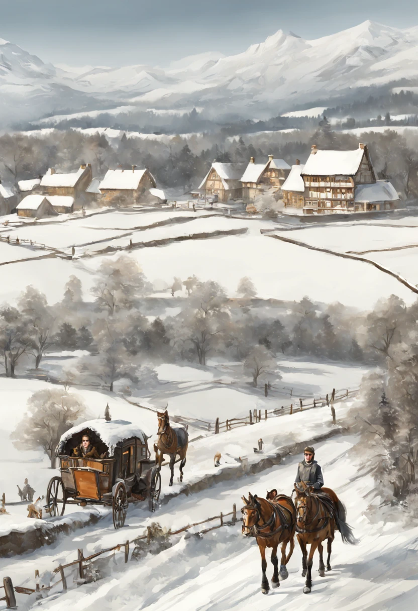 Countryside with continuous snow, daylight, bright scenery, people passing by, horse-drawn carriages, medieval imagery, top quality images.