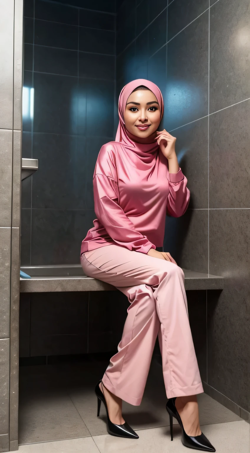 RAW, Best quality, high resolution, masterpiece: 1.3), beautiful Malay woman in hijab (iu:0.8),Best quality, high resolution, Masterpiece: 1.3, Beautiful  hijabi malay girl, Masterpiece, Soft smile, Realistic, 1girl, charming eyes, glowing eyes, cut top, dress, parted lips, blush, night, sun, sun, big breasted girl, fashion outfit, sexy feminine,wear kebaya pink long neck,  sitting in male toilet,  pullover, long pants, pink high heels, highres,4k,HDR,1girl, photorealistic, realistic,sweat skin, wet clothes, wet body, big breast, ((full body))soaked, full body picture(from head to feet), dripping, smiling at viewer,