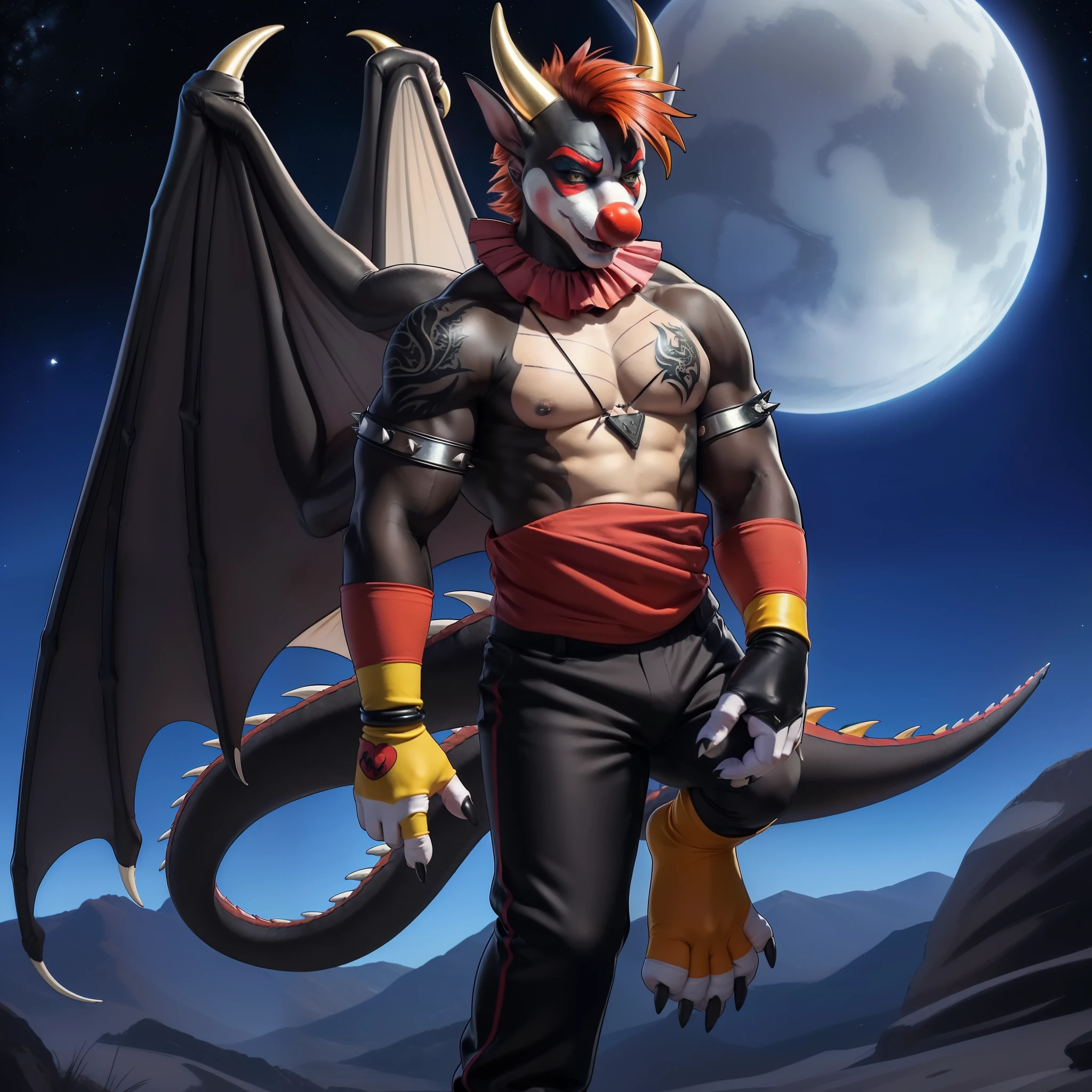 (masterpiece, best quality, high quality, highres:1.4), detailed, extremely detailed, bright lighting, 4K, (by ruaidri), yupa, kiyosan,(by meesh), (by fffffolder)), delga: (slim, athletic, dragon, ((black body)), smooth skin, athletic muscle, anthro legs, ((young)), (dragon feet), (toe claw), black spikes, (detailed eyes), dragon horn, ((dragon tail)), tail attached to waist, 1tail, ((dragon wings)), bare_shoulders, (facewear:(clown_make_up), (clothing, handwear:(vambraces), bottomwear:(pants:black, [[leg armor]]))), beautiful, closed_mouth, ((serious_look, menacing)) tag:1boy)), covered in tattoos, has tattoos, tattoos covering the chest and arms, tattoo sleeves on both arms, night sky, ((clown make up)), dressed like a clown